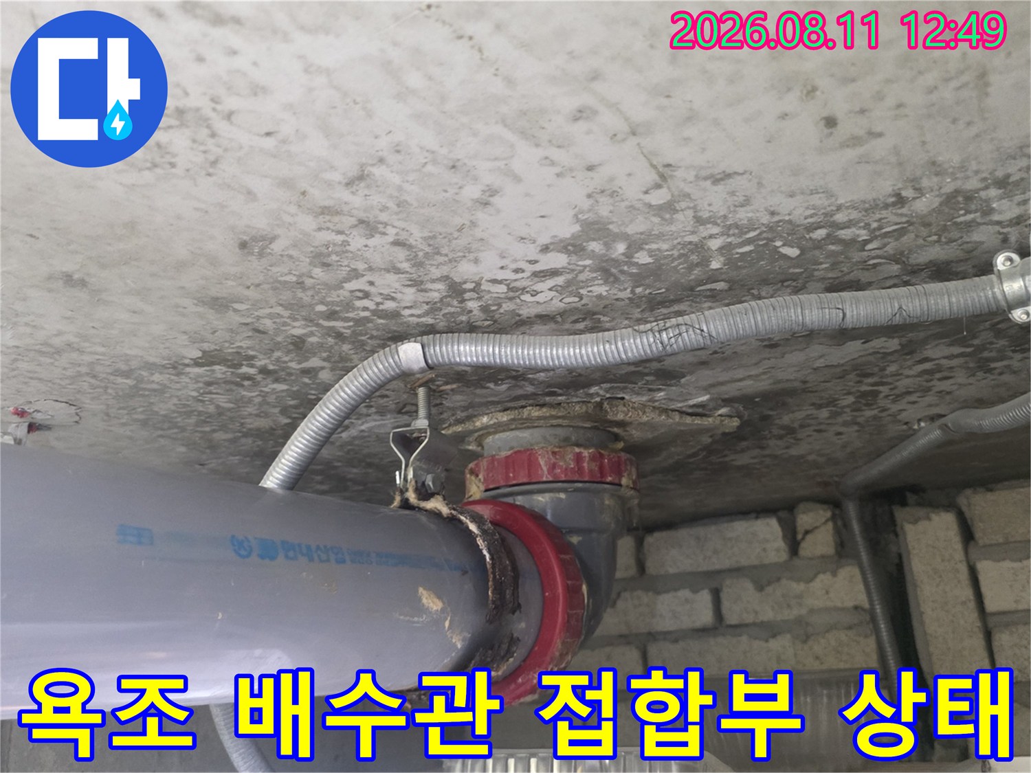 천장 배관 점검-배수관 연결 부위의 누수 여부를 면밀히 관찰합니다.