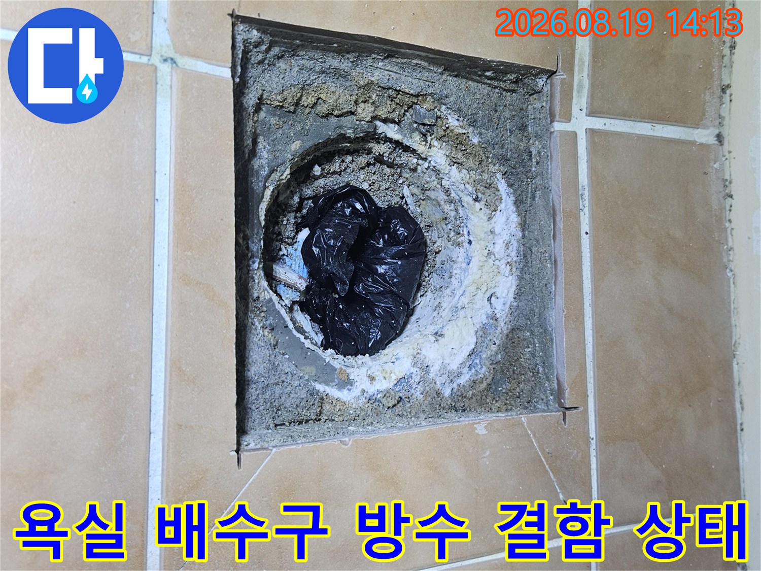 고양시 백석동 현장의-욕실 바닥 배수구 주변 방수층 파손 및 오염된 상태를 보여주는 사진입니다.