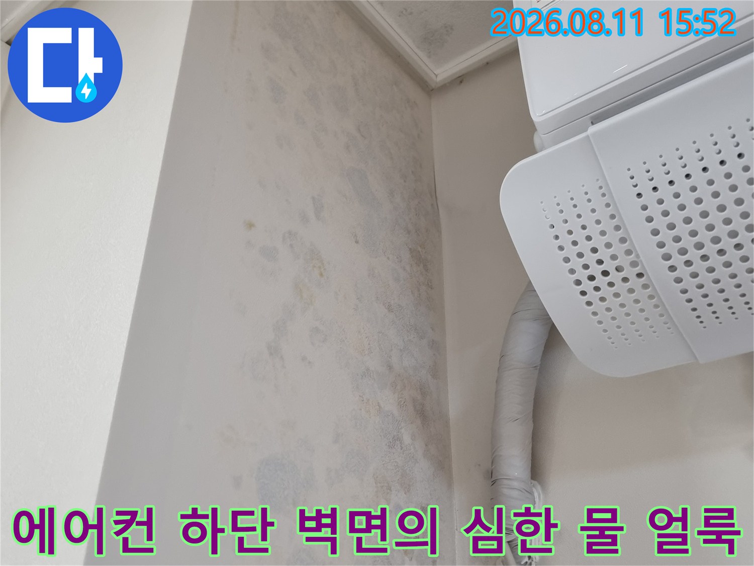 흰색 에어컨과 회색 배관 보온재 아래로 넓게 퍼진 푸른빛 곰팡이와 변색된 벽지 모습