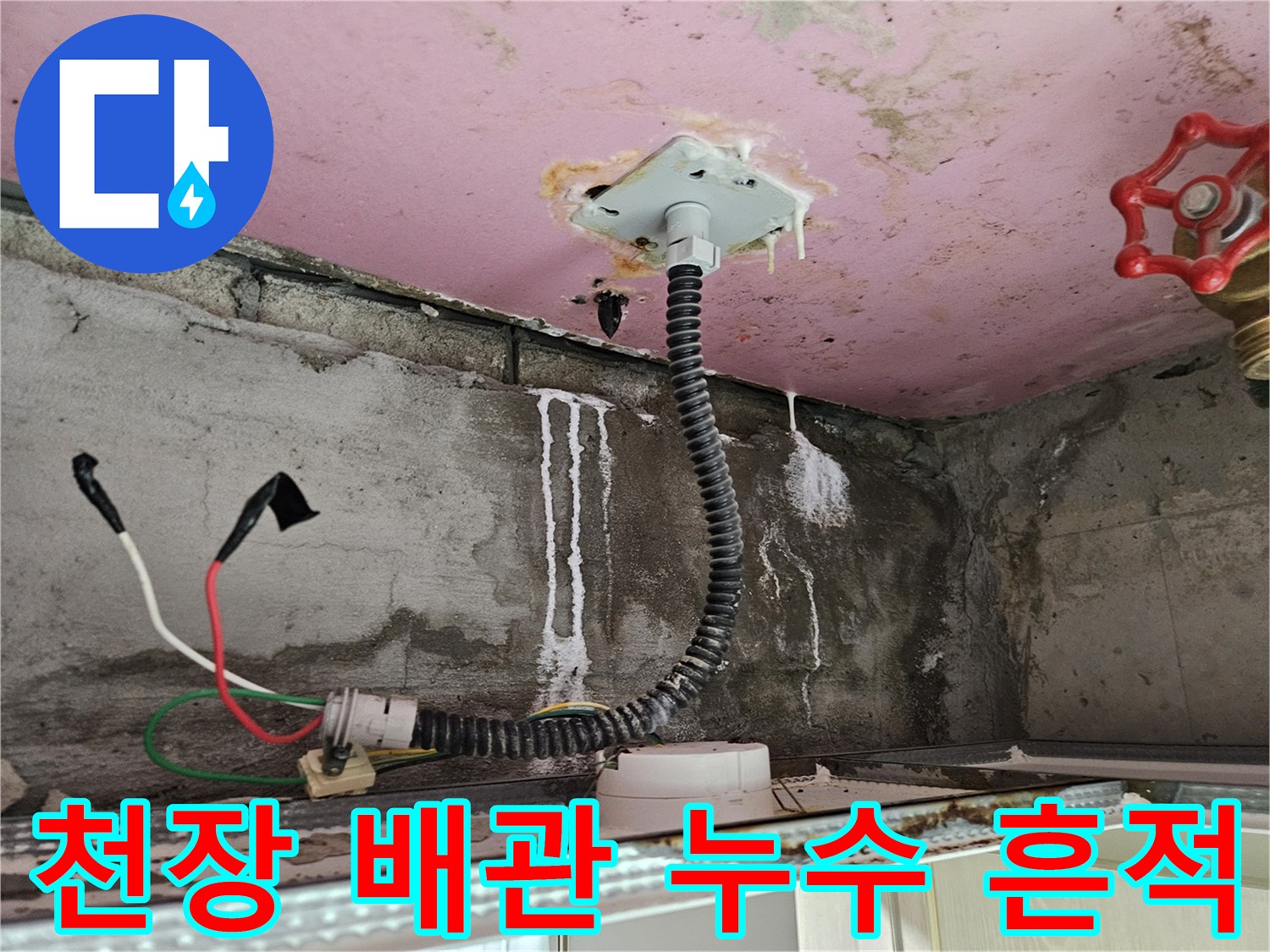 습기로 인해 변색된 천장 슬래브와 배관 연결 부위