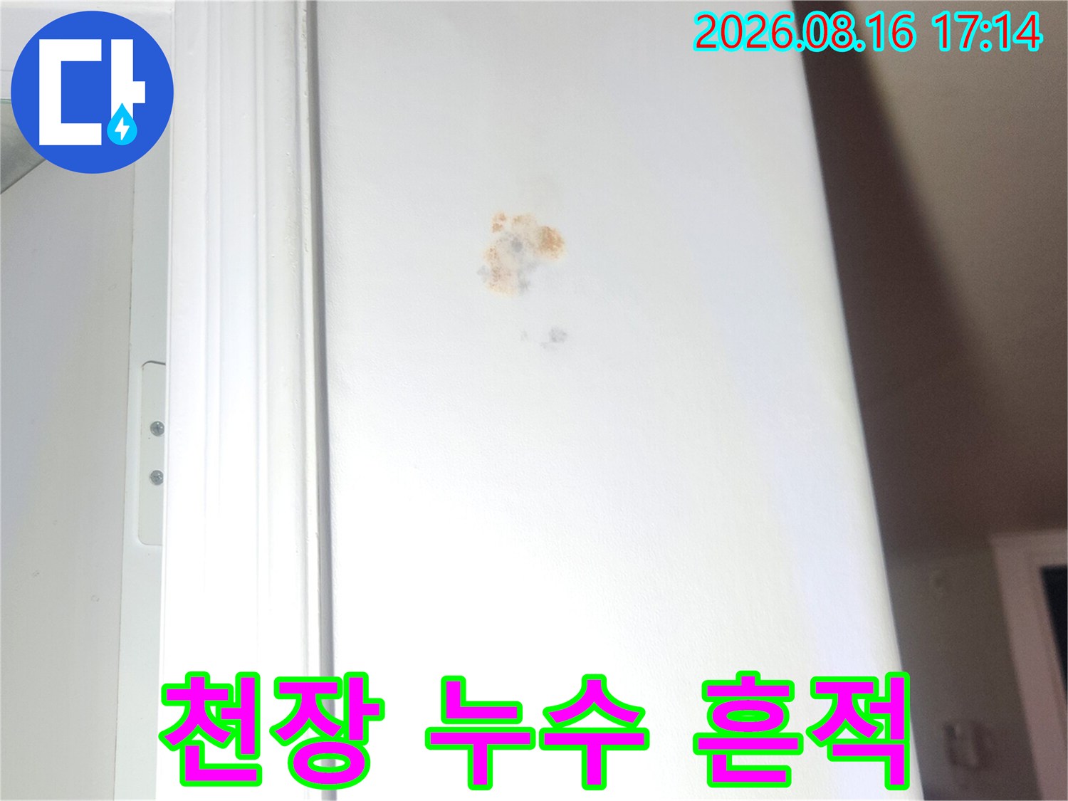 벽면에 나타난 누수 물자국과 변색된 부위를 근접 촬영하였습니다.