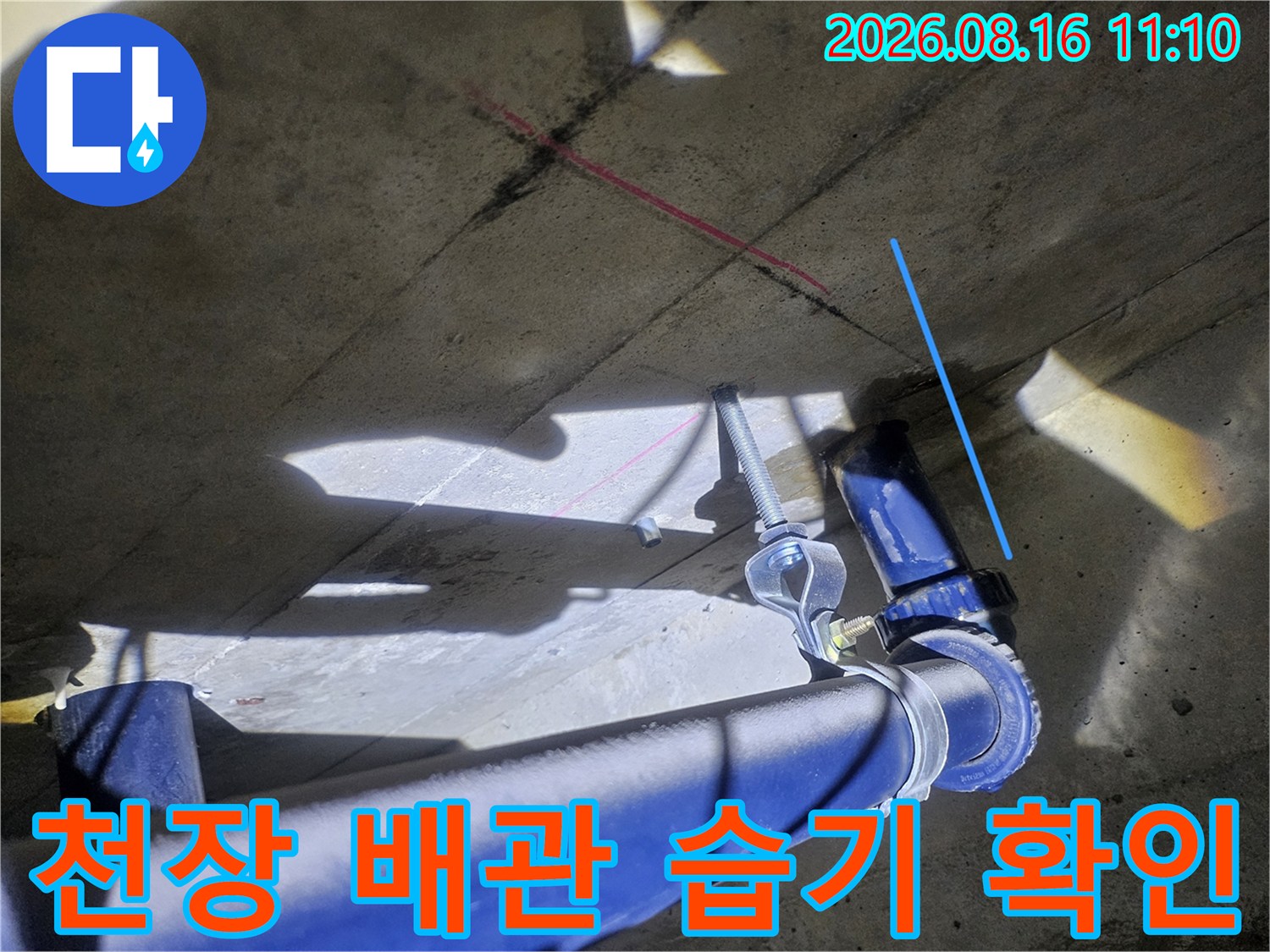 인계동 화장실 천장-젖어 있는 슬라브와 파란색 배관의 모습
