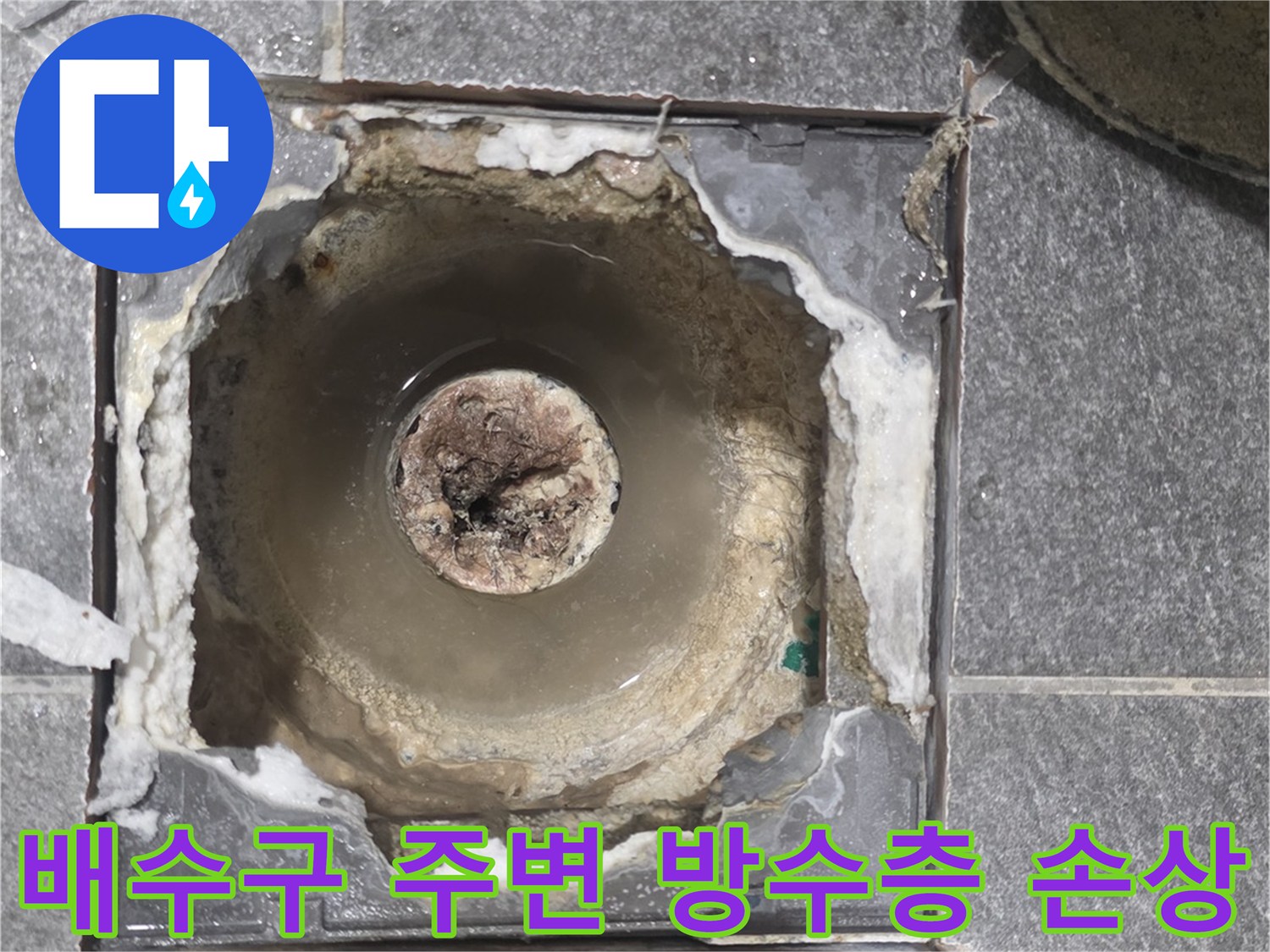 용인 기흥구 현장의 배수구 주변 방수층 파손 및 틈새 발생 상태입니다.