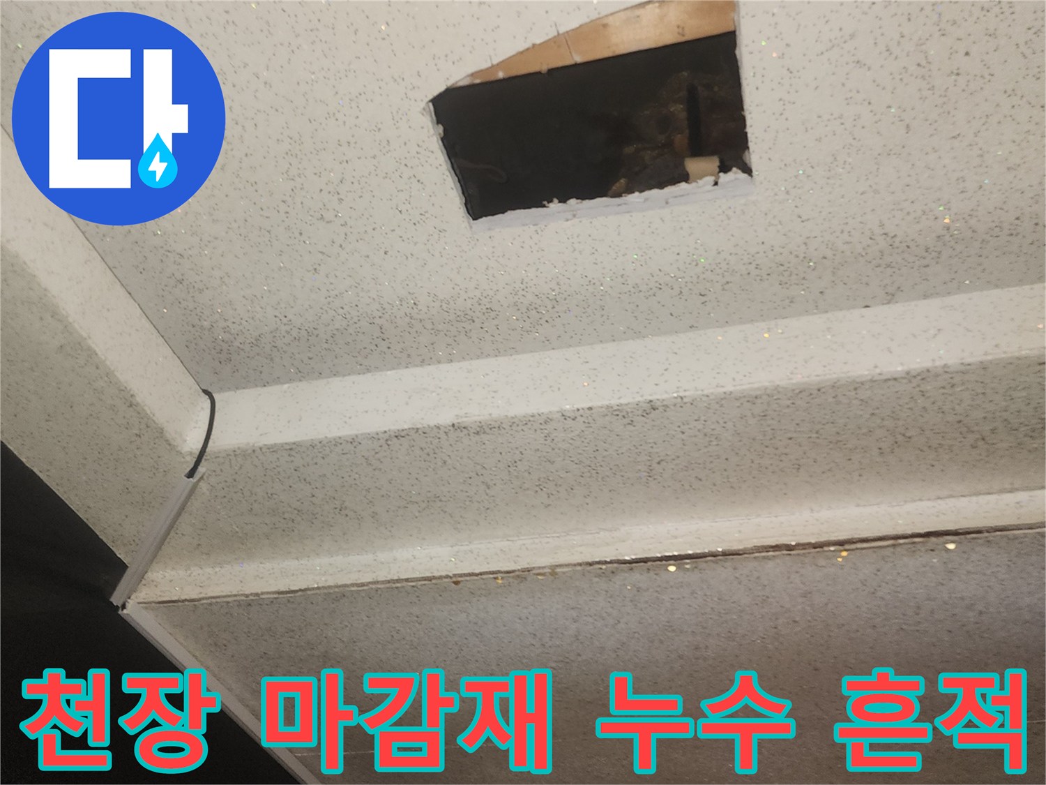 천장 마감재 사이의 어둡고 젖은 누수 피해 부위 촬영