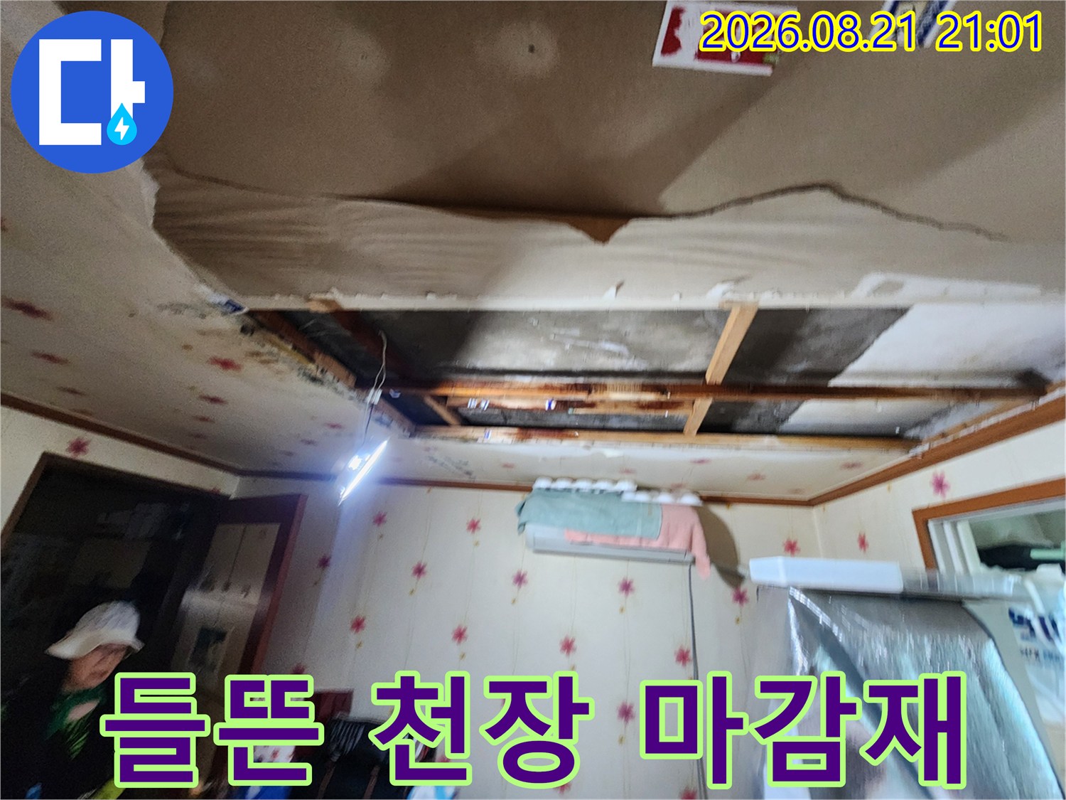 천장 벽지가 습기로 인해 팽창하고 갈라져 내부가 보이는 장면입니다.