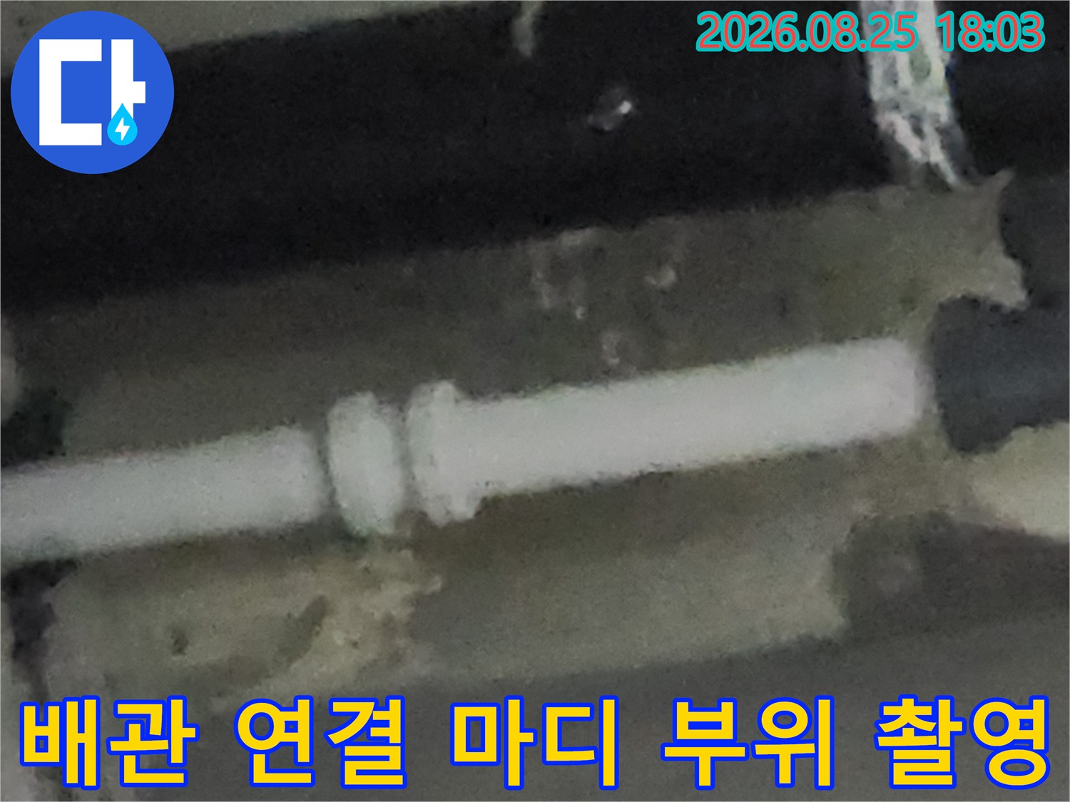 싱크대 배수 호스에서 굵은 흰색 배관으로 이어지는 연결 구간의 근접 사진입니다.