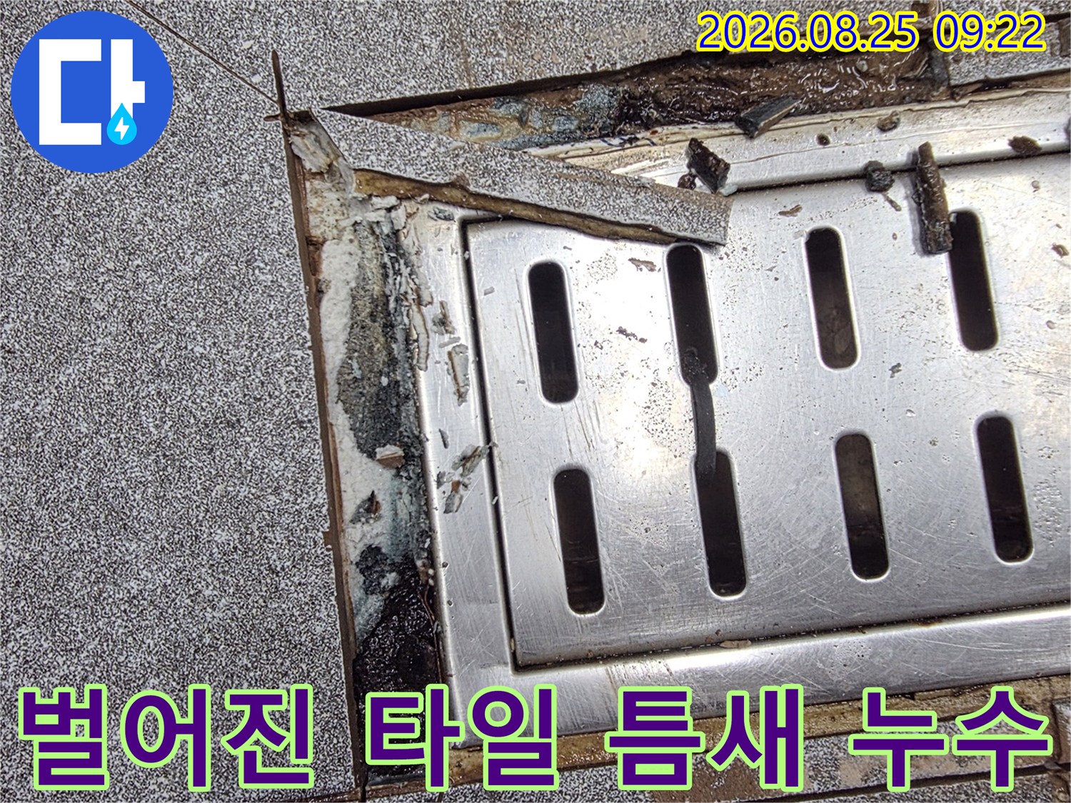 배수구 주변의 벌어진 타일 틈새와 노출된 배관 부위