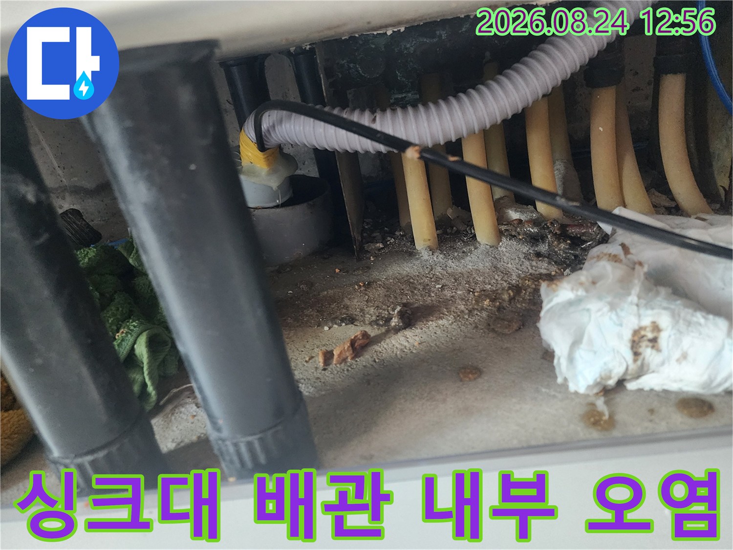 싱크대 하부장 안쪽 배관 주변의 이물질과 오염 상태