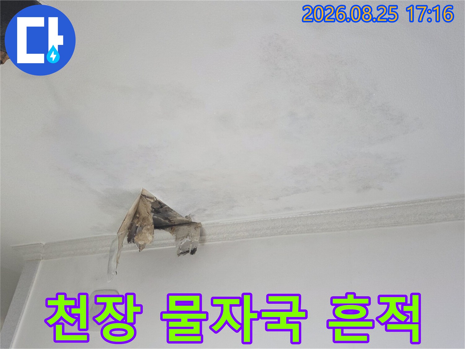 광명 하안동 아랫집 천장에 발생한 넓은 얼룩과 훼손된 마감재 모습입니다.