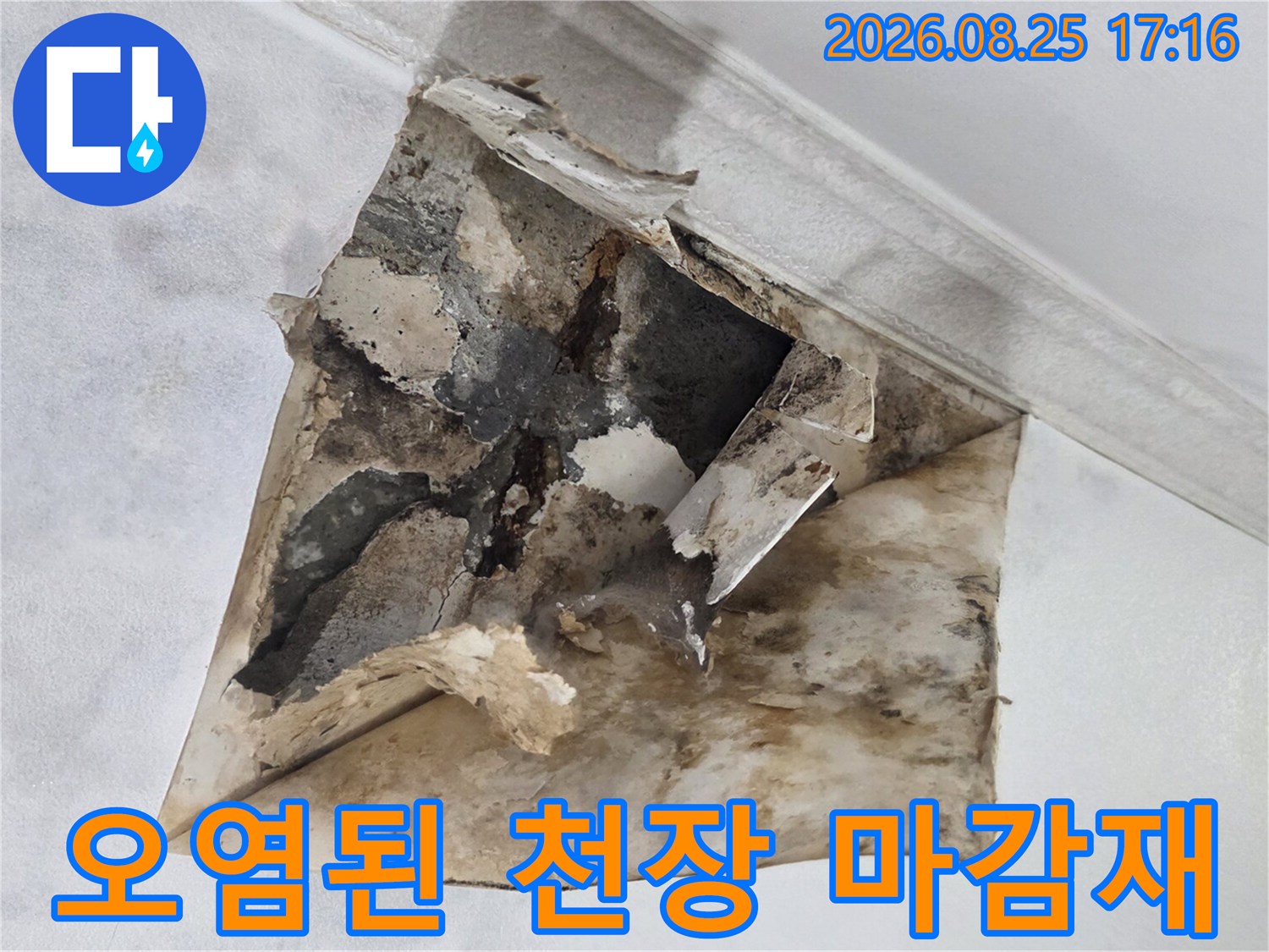 물에 젖어 변색되고 찢어진 천장 내부의 모습