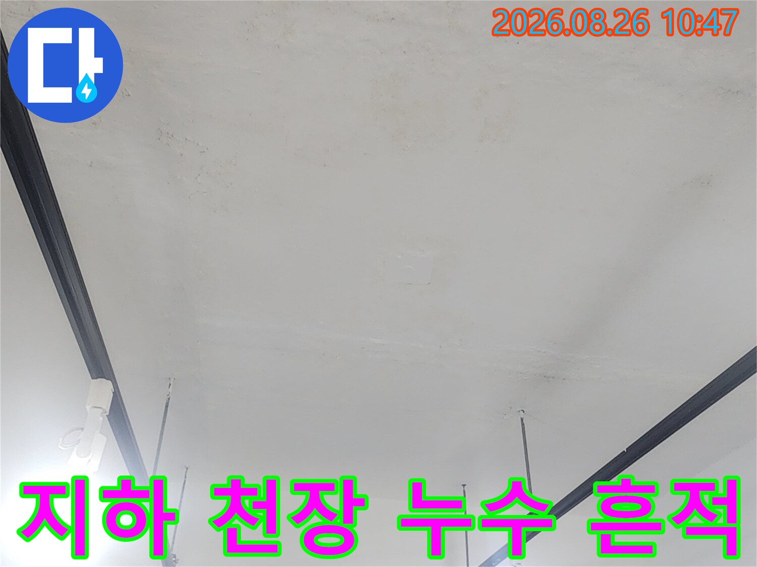 강북구 수유동 상가 건물 지하층 천장의 누수 얼룩과 배관 상태 점검 현장