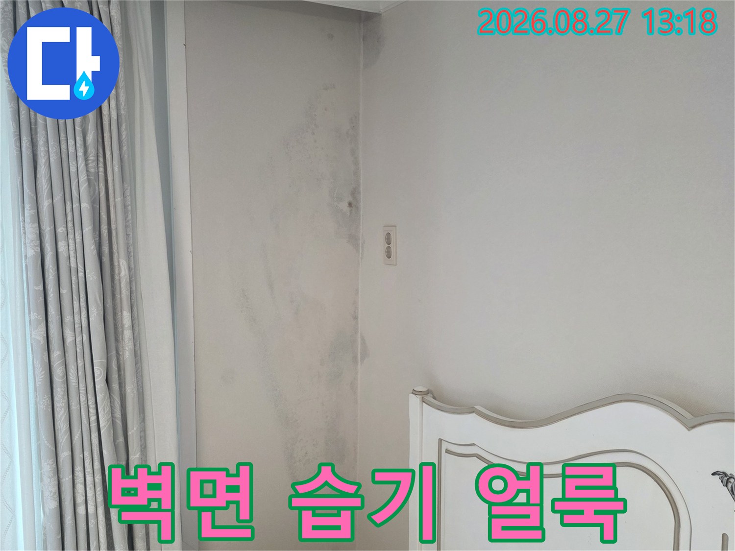 아파트 천장 경계 부분의 넓은 습기 얼룩과 변색 부위