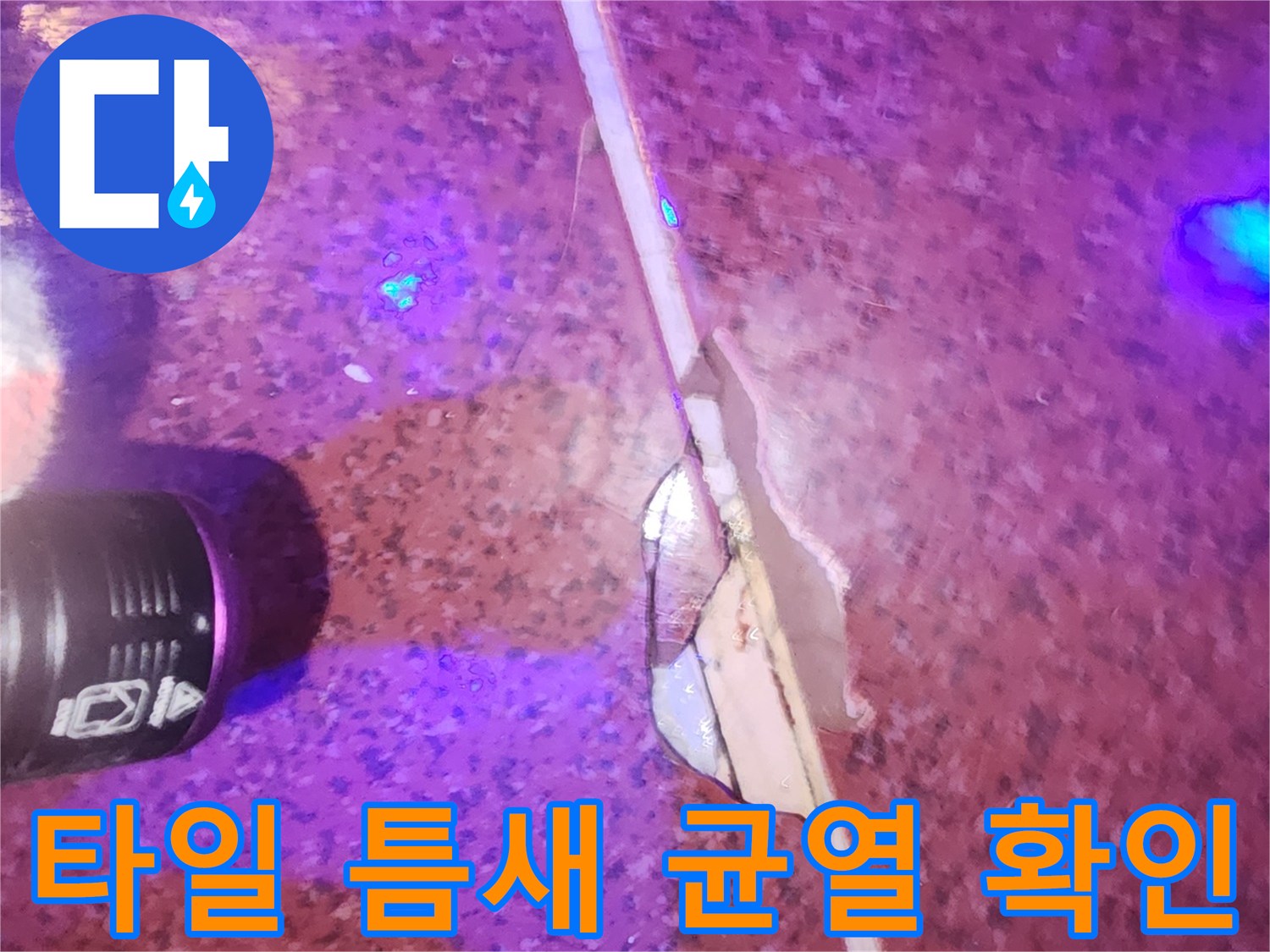 자외선 랜턴으로 비춘-타일 줄눈 사이의 파손된 부위