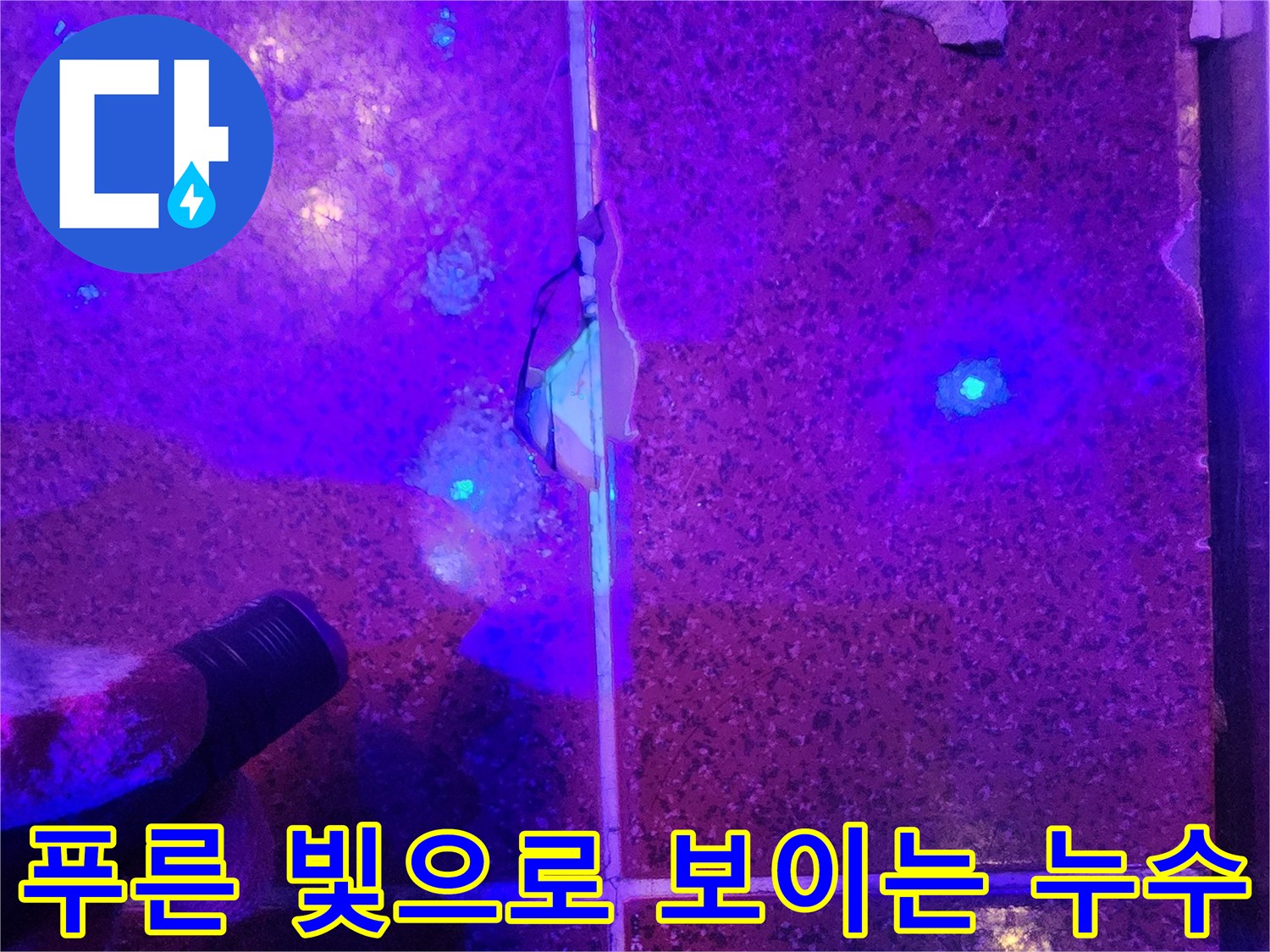 자외선 조명 아래-드러난 타일 하부 물샘 경로