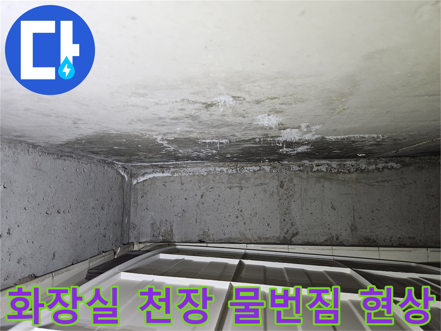 화장실 천장재 상단 콘크리트 면의 누수 오염 부위 사진입니다.