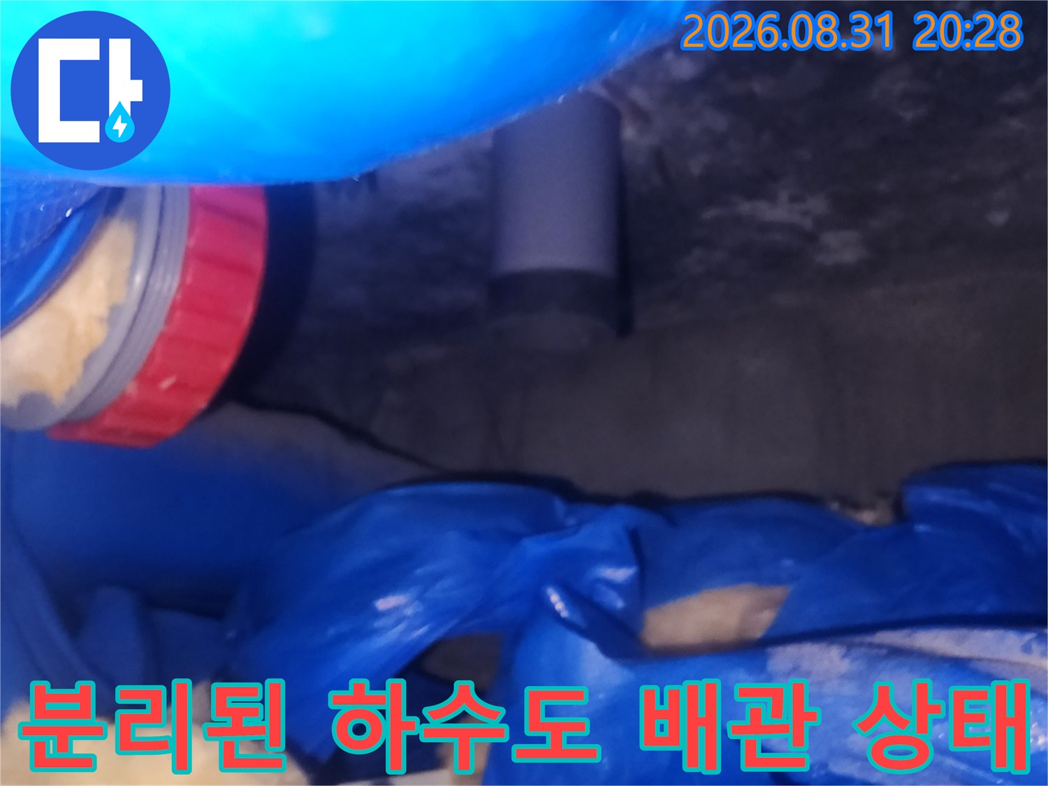 양천구 누수 현장-하수관 연결 부위를 분리하여 내부의 누수 흔적을 조사하는 장면입니다.