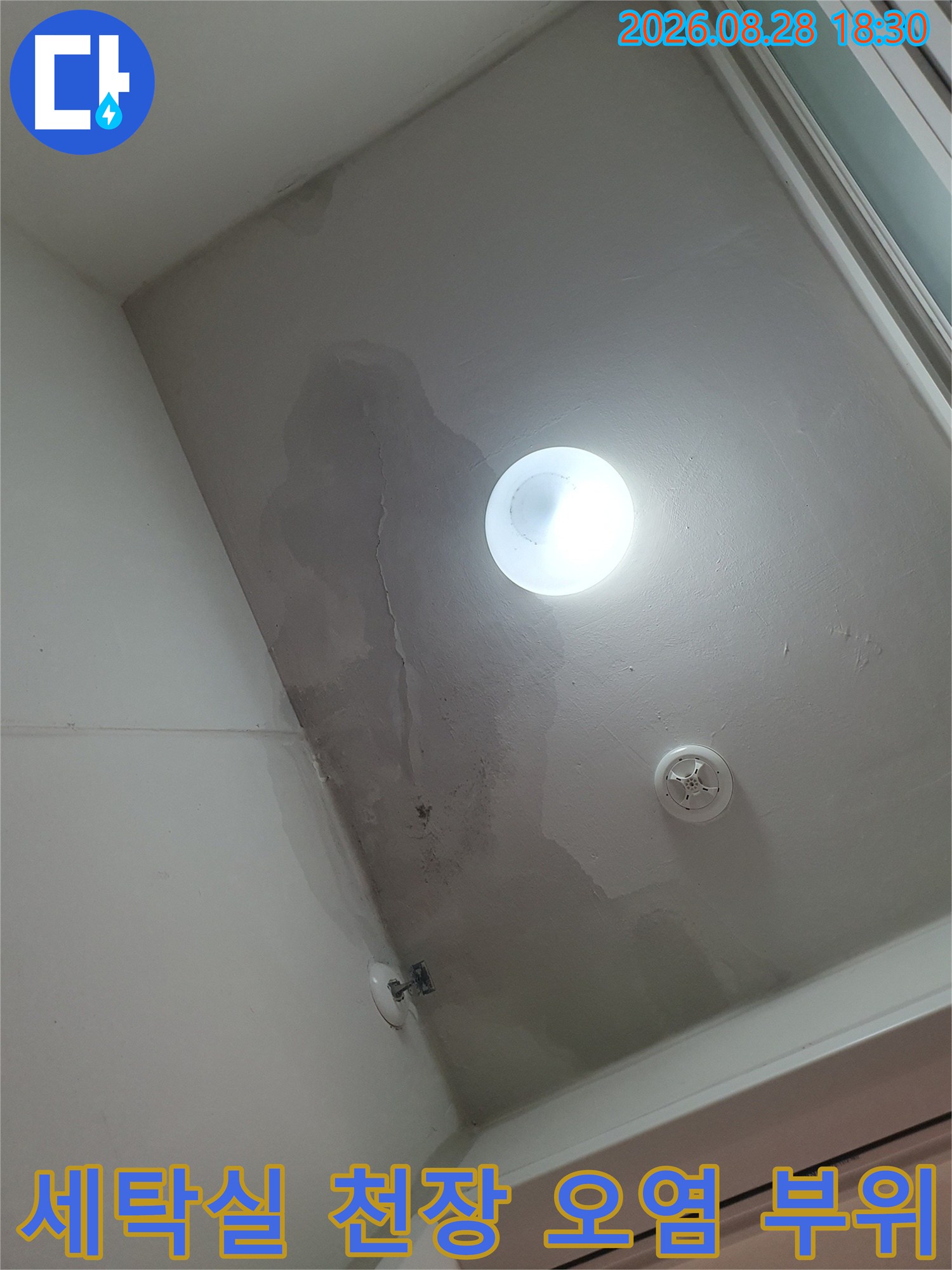 누수로 인해 변색된 세탁실 천장과 벽면의 경계 부분
