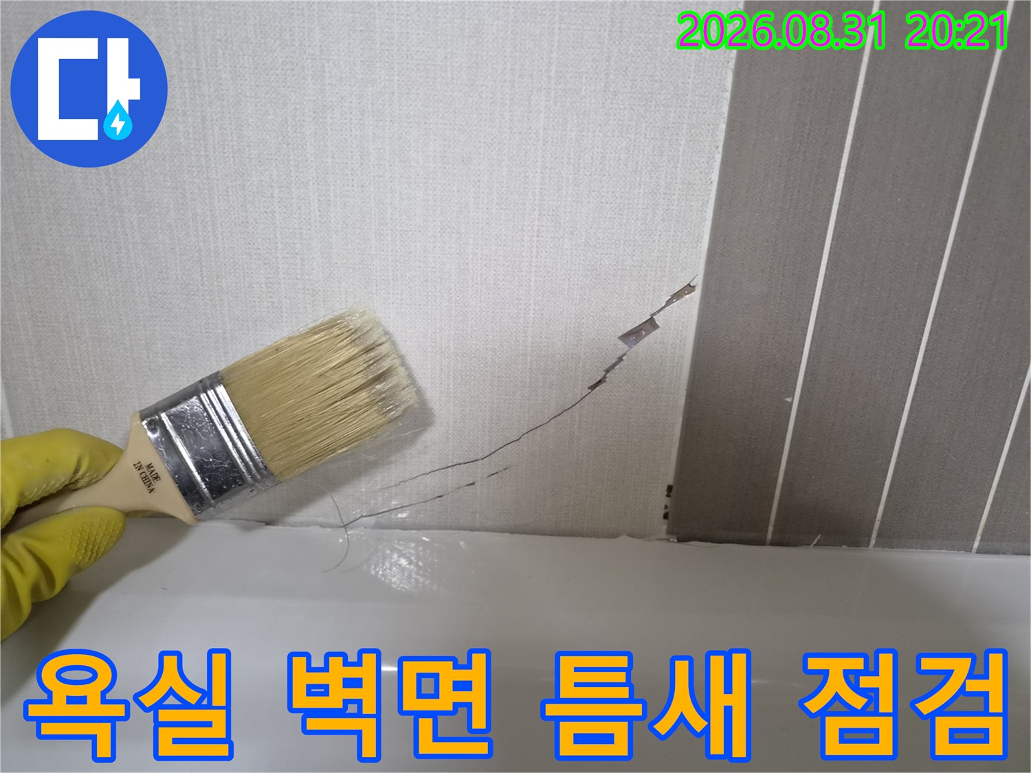 브러시를 사용하여 욕조와 벽면 사이의 갈라진 틈새를 면밀히 검사합니다.