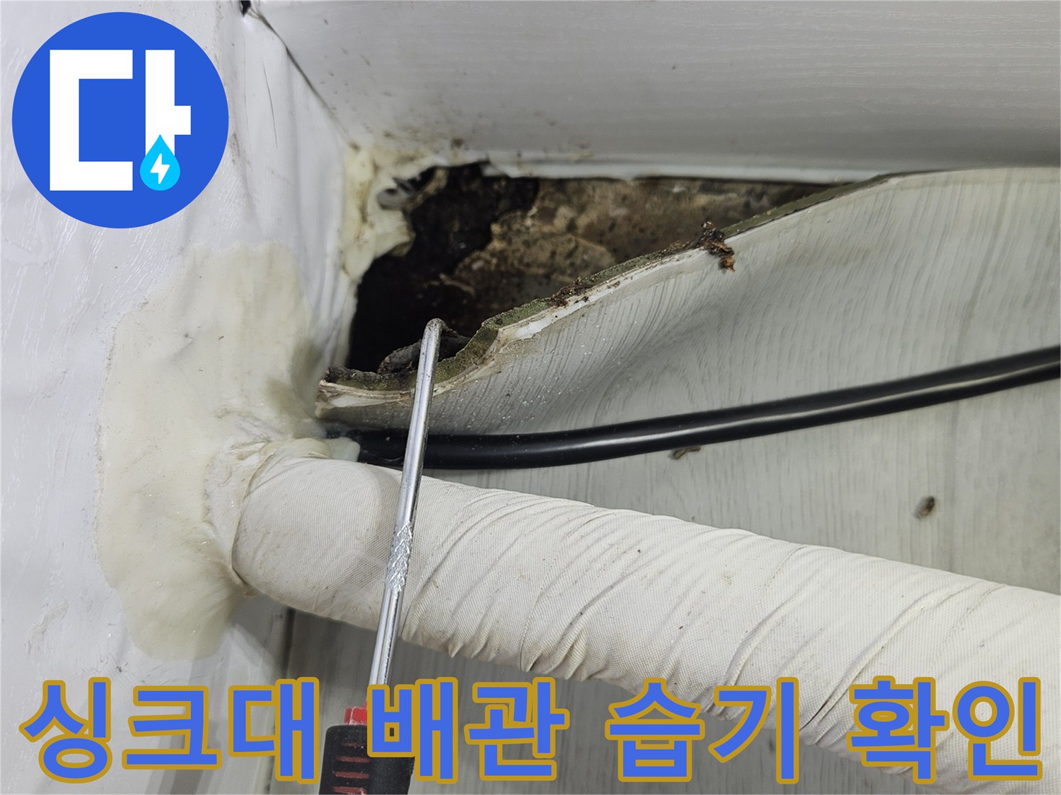싱크대 하단 절개 부위-습기와 곰팡이가 관찰되는 배관 주변