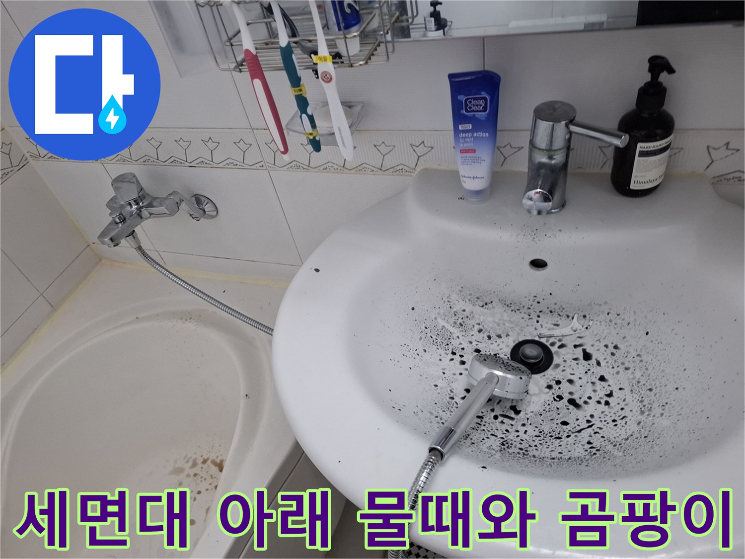 세면대 아래쪽 배관 주변에 검은색 곰팡이와 물때가 가득한 모습