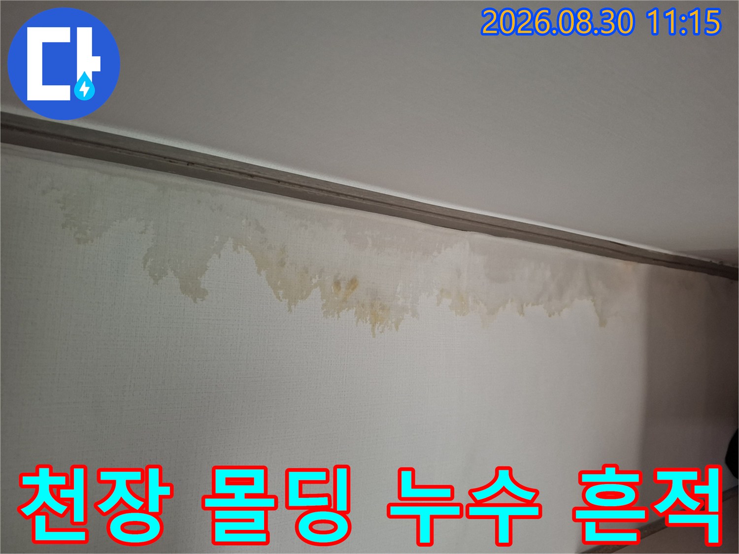 천장과 벽면 경계의 누수 변색 부위 상세