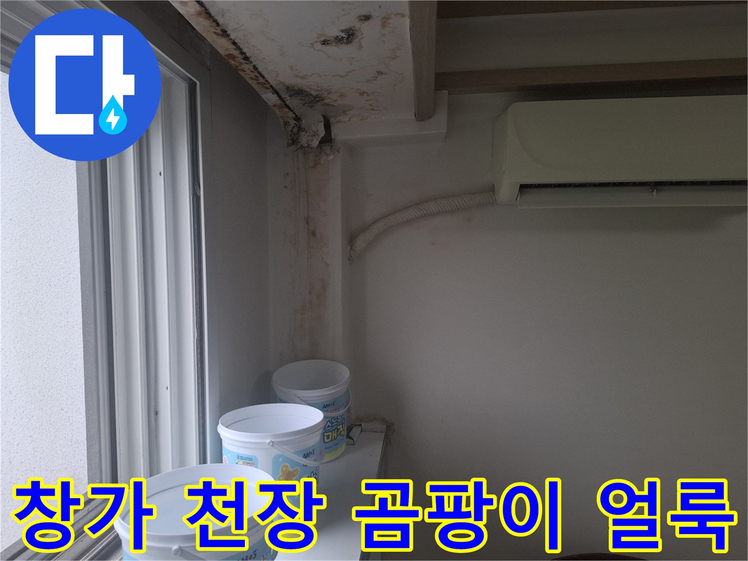 아현동 거실 창가 쪽 천장과 벽면에 발생한 곰팡이 및 물 얼룩 상태