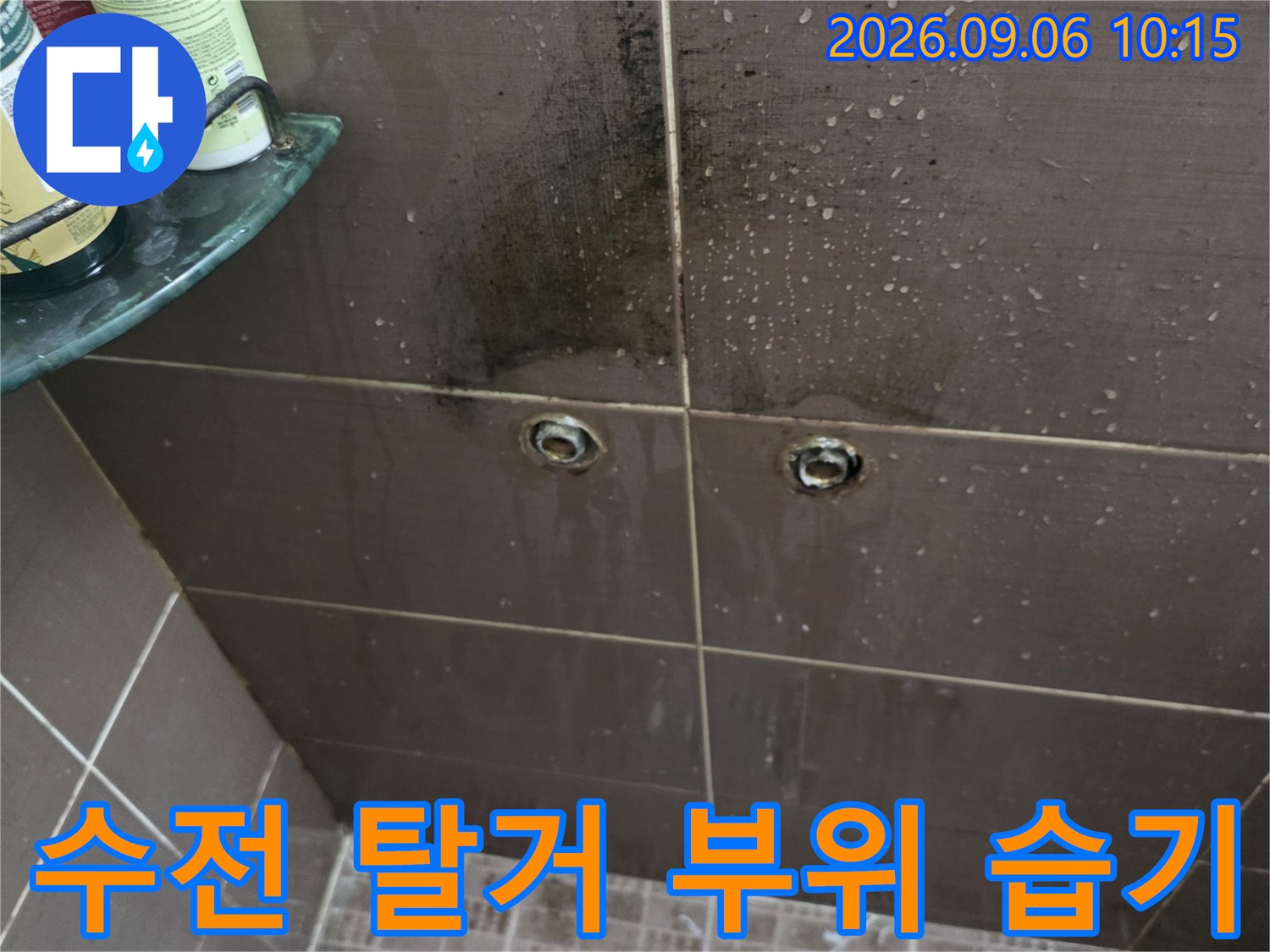 탈거된 수전 배관 주변의 어두운 타일 습기 흔적