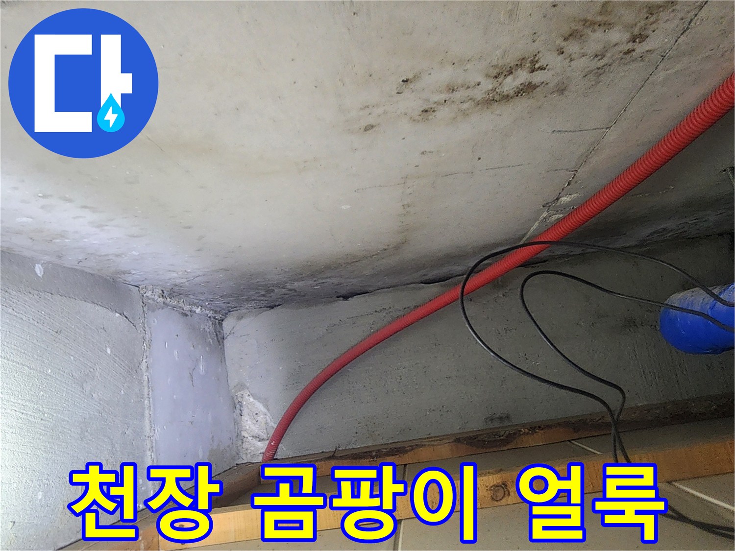 습기로 오염된 천장 콘크리트와 붉은색 관로