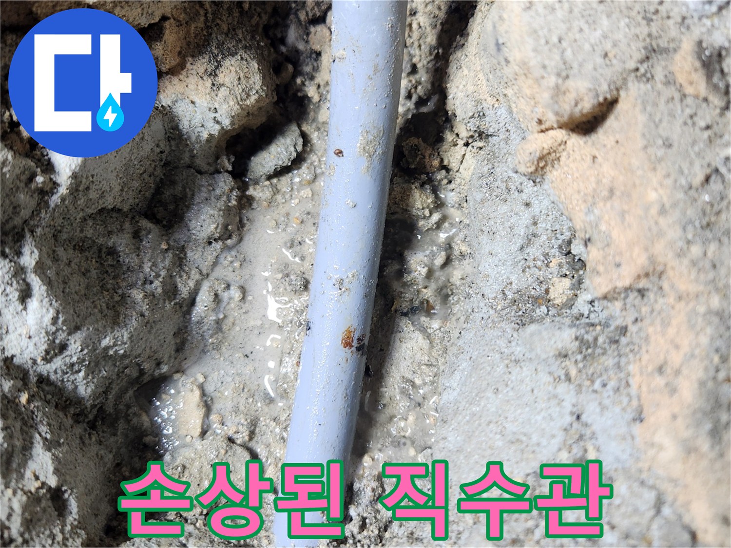 젖은 흙과 노출된 파란색 수도 배관의 모습