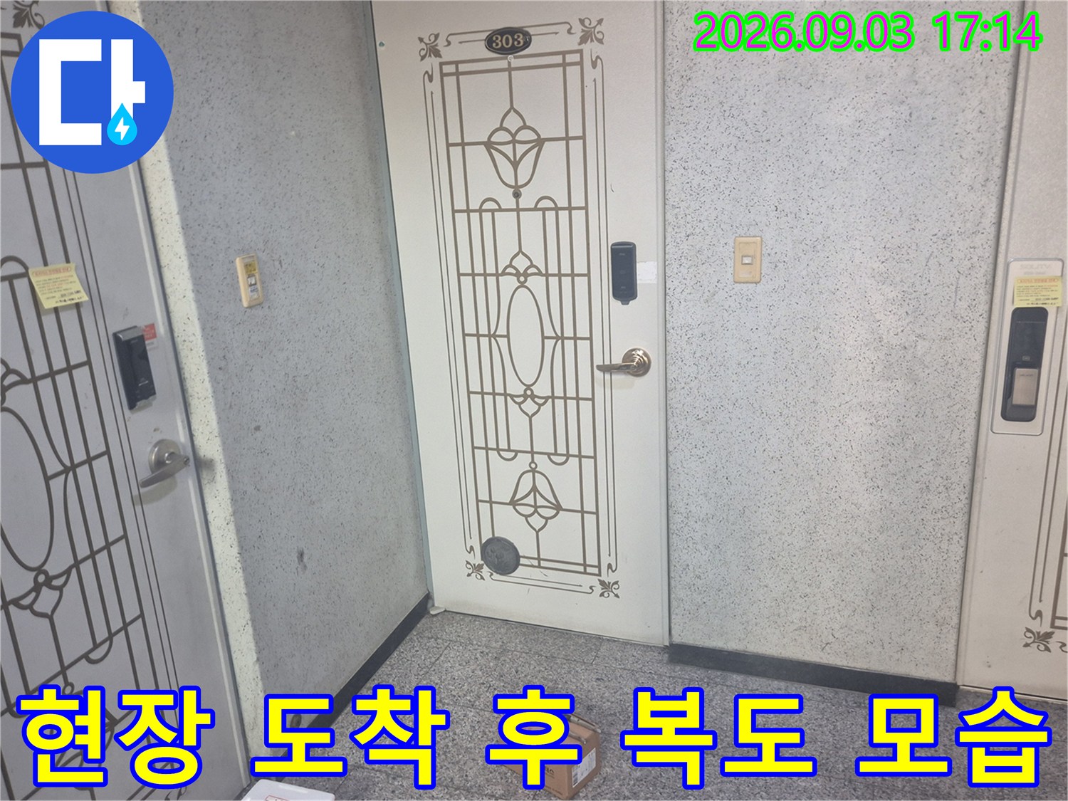 아파트 세대 앞 현관과 작업용 상자 사진