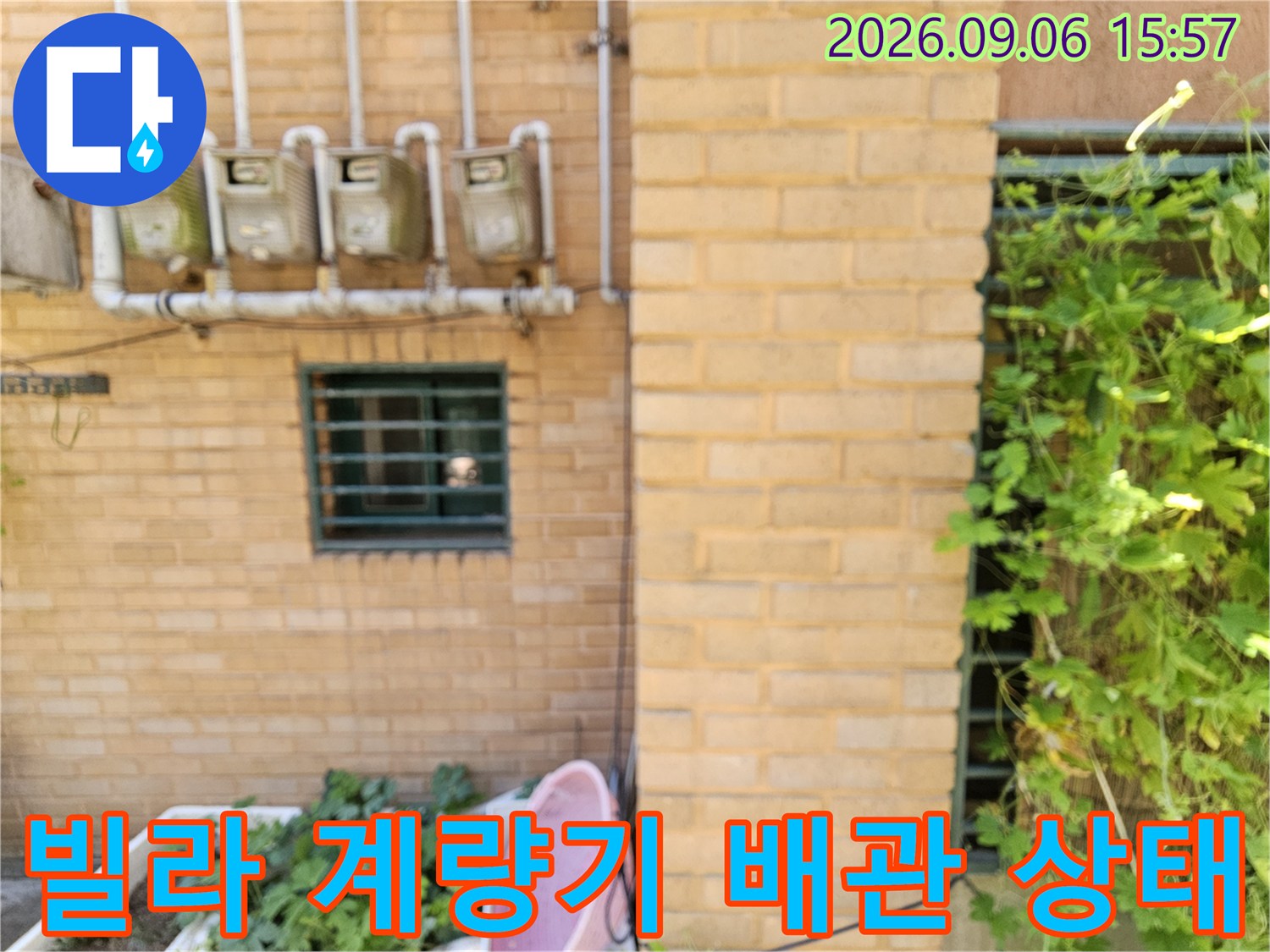 은평구 갈현동 빌라 외벽의 수도 계량기와 외부 배관 모습