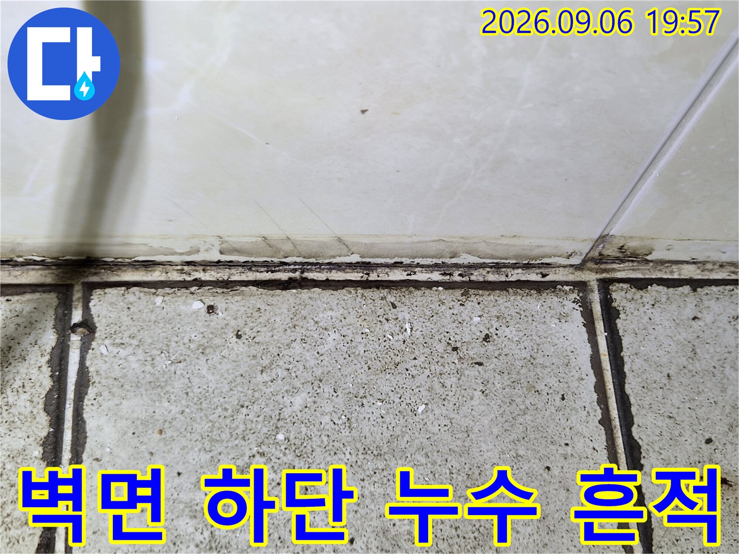벽 타일 아래쪽 경계 부분에 나타난 수분 침투 및 오염 상태입니다.