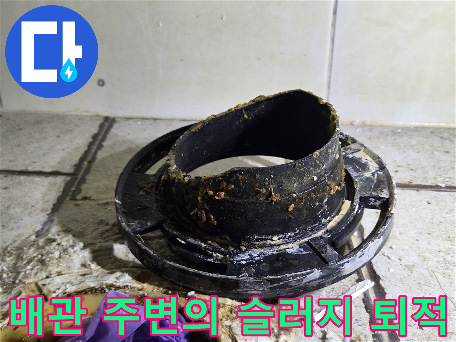 오수관 입구에 굳어 있는 오염물질과 배관 상태