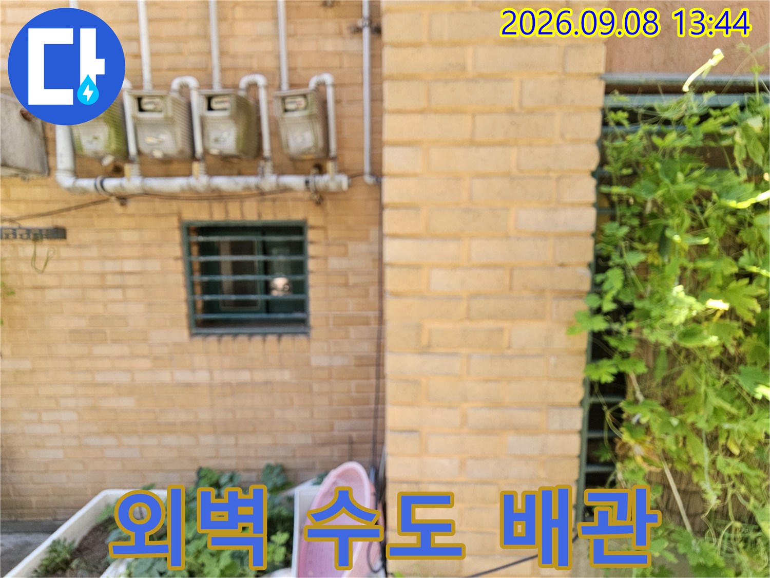 갈현동 건물 외벽에 설치된 수도 계량기와 노출된 배관 시설