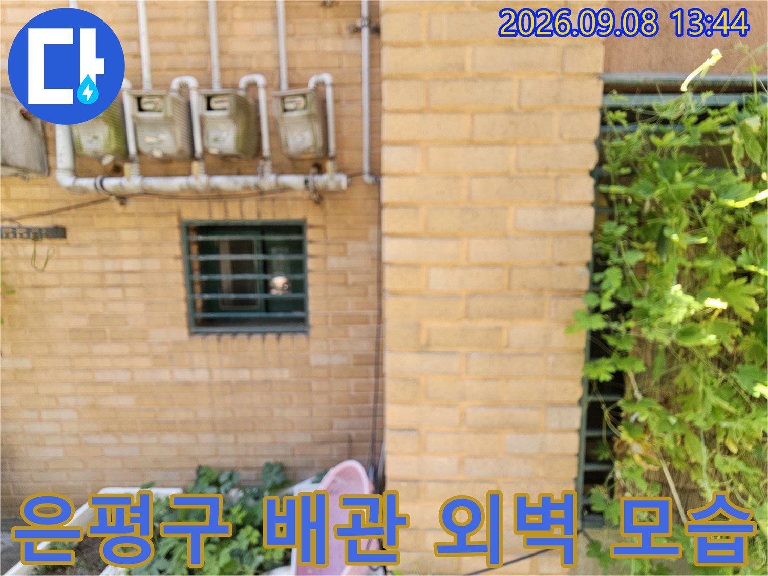 은평구 갈현동 건물 외벽에 설치된 수도 계량기와 외부 배관의 모습입니다.