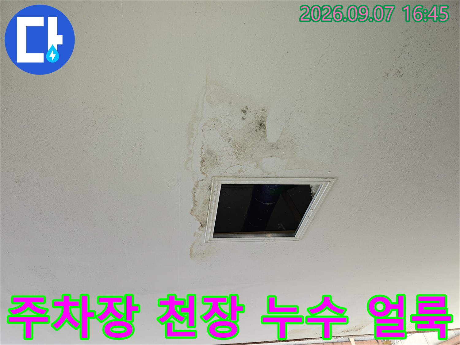 인천 남동구 구월동 필로티 주차장 천장 점검구 주변의 젖은 얼룩과 곰팡이 흔적