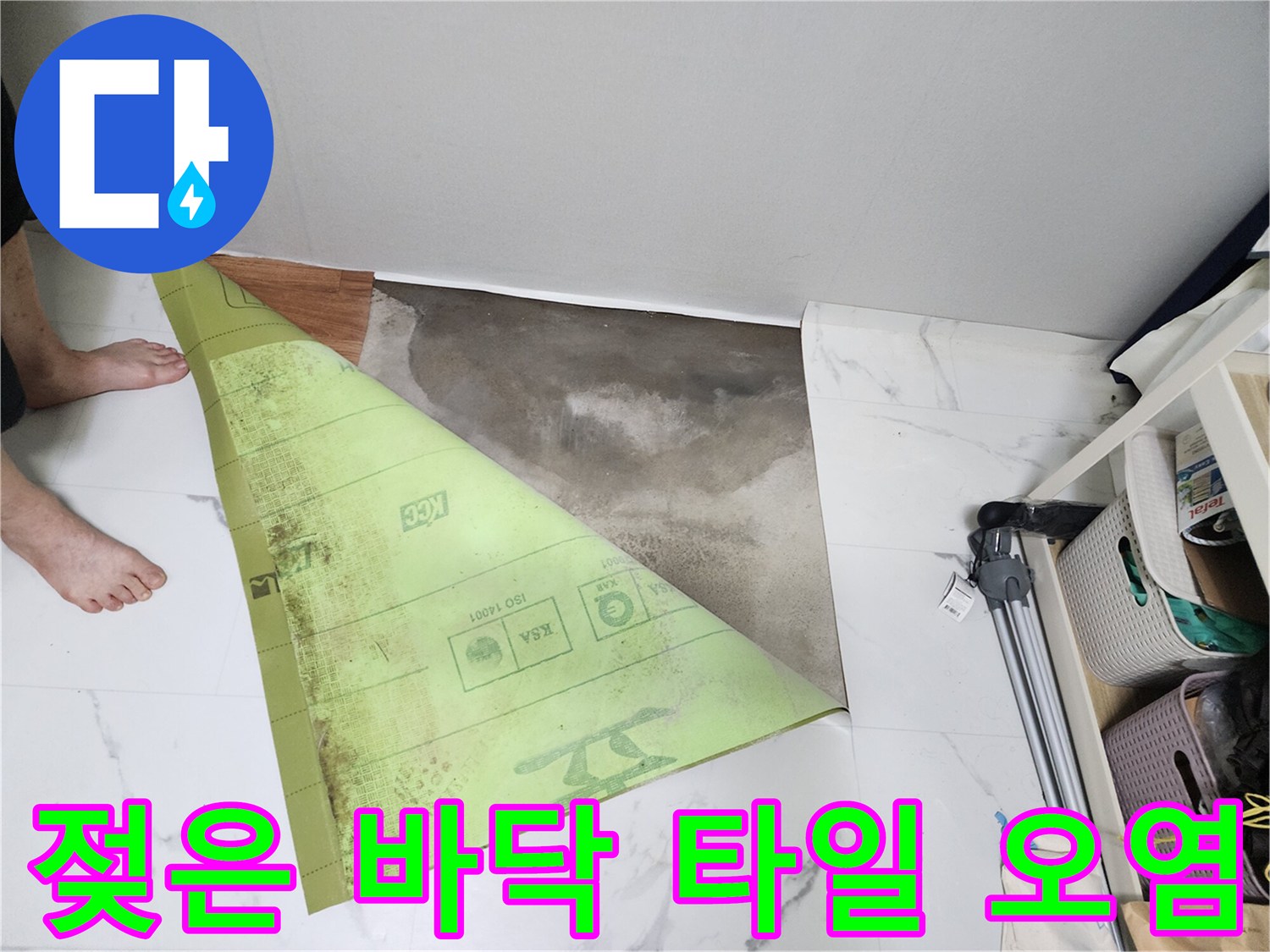 전곡 현장의-싱크대 근처 바닥 타일이 젖어 있고 오염된 사진입니다.