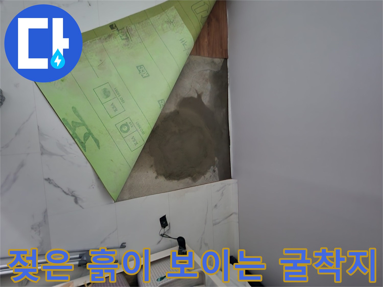 타일 아래의 젖은 흙과 콘크리트가 드러난 사진입니다.