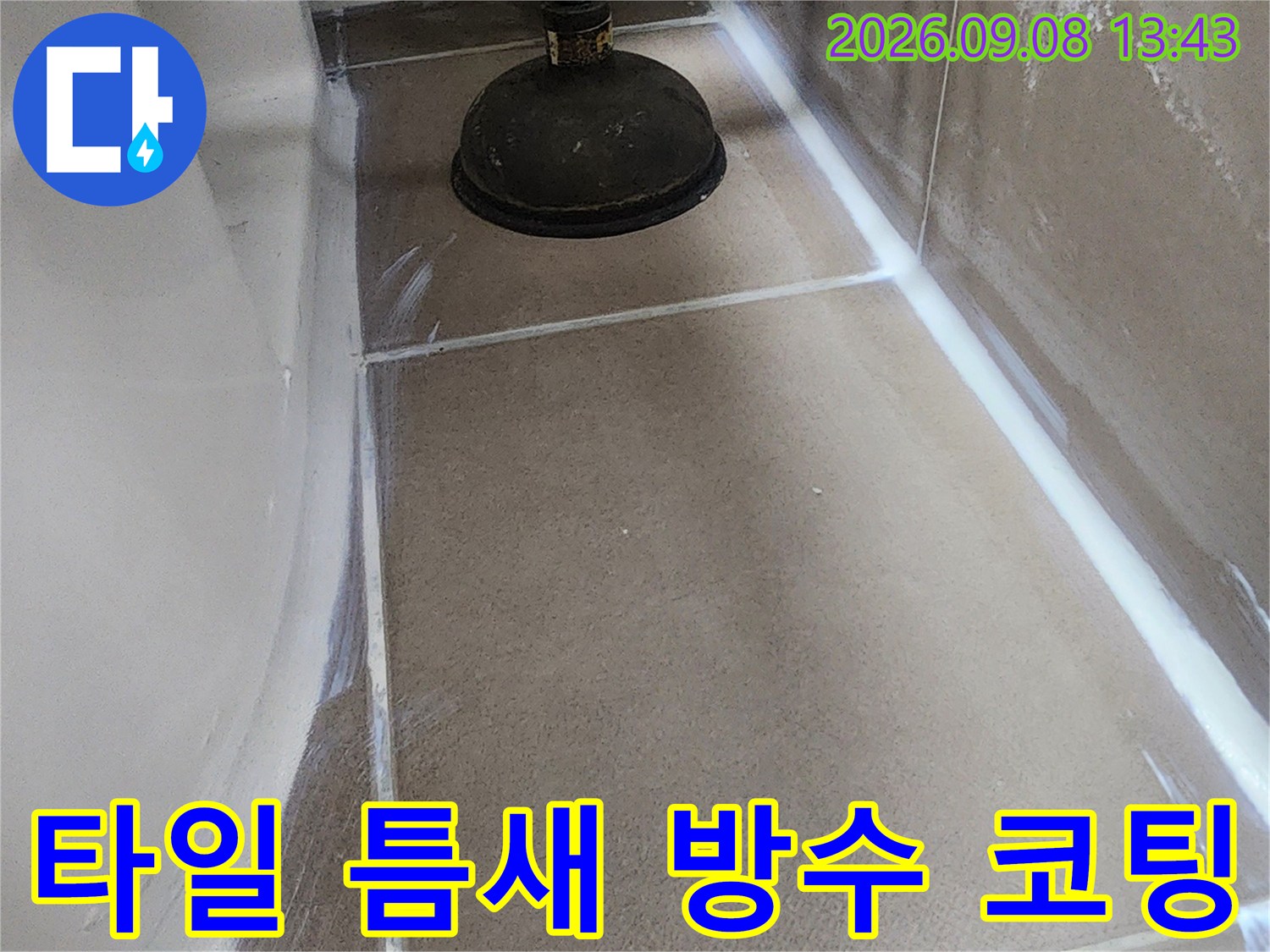 하얀색으로 도포된 화장실 타일 줄눈과 배수구 주변부