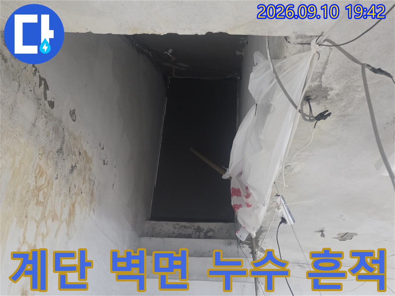 물샘 현상으로 인해 변색된 지하 계단 천장과 벽면