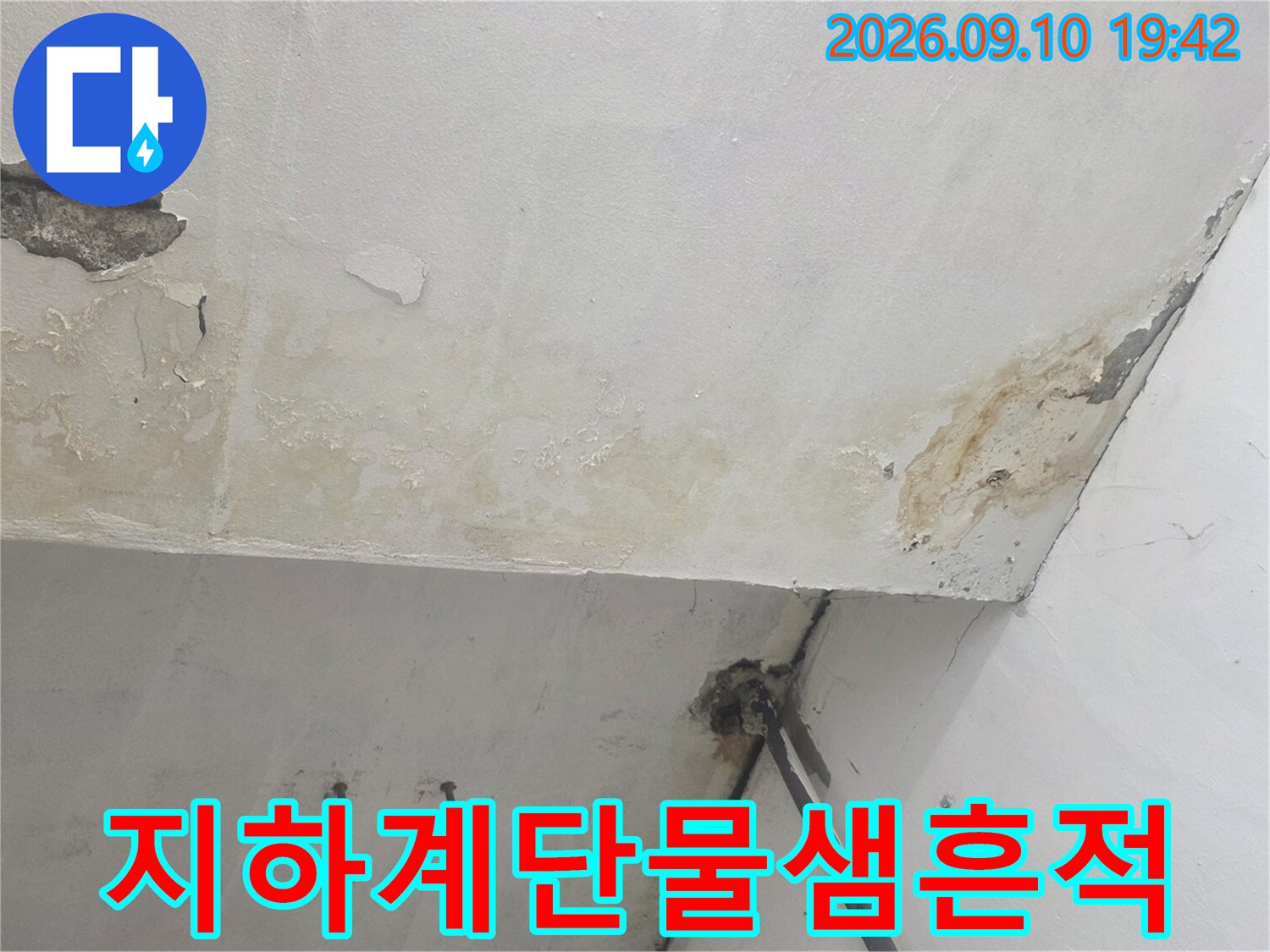 지하 계단 천장 구석에 발생한-누수 흔적과 습기 자국