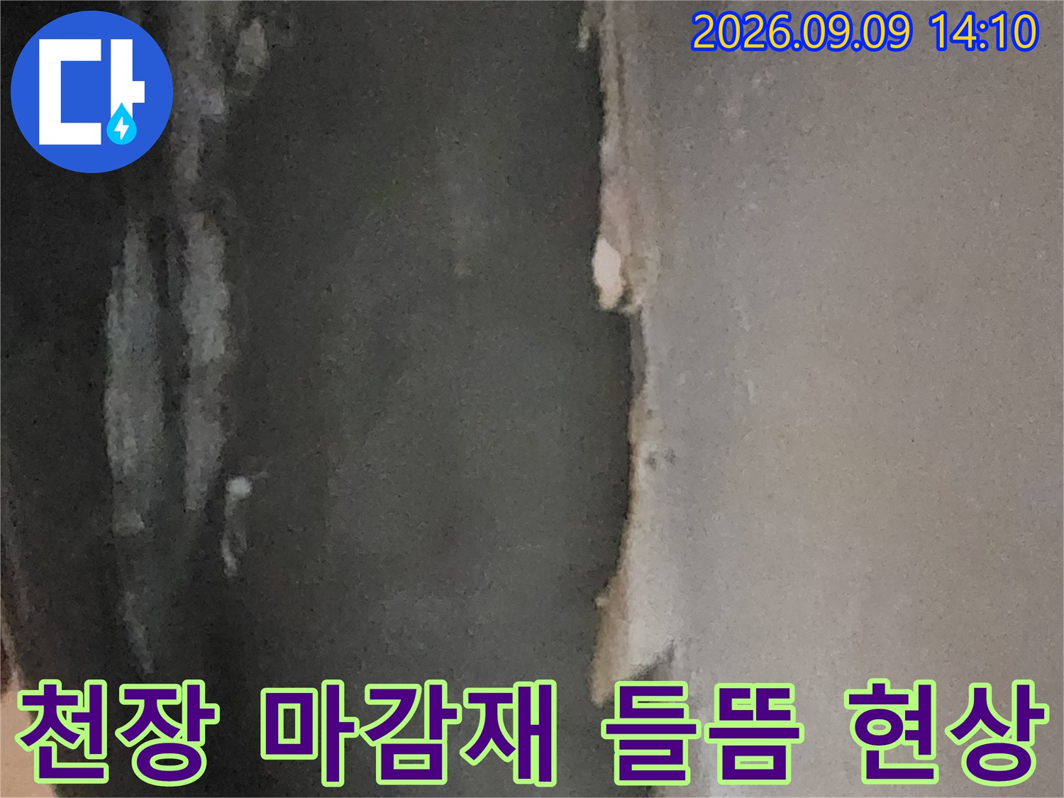 습기로 인해 부풀어 오른-지하실 천장 마감재의 모습