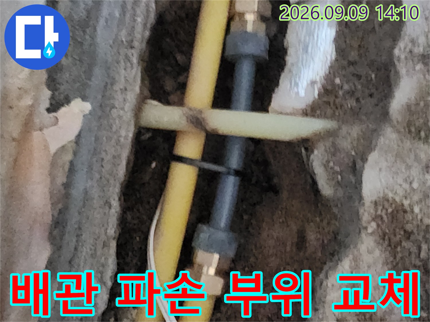 흙을 파낸 자리의 노란색 배관과 새 연결 부속 모습입니다.