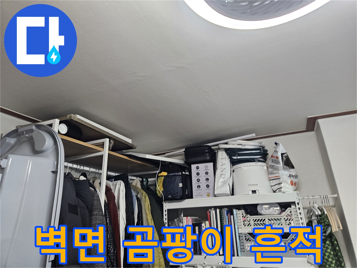 선반 아래 벽면에 발생한 습기와 곰팡이 사진