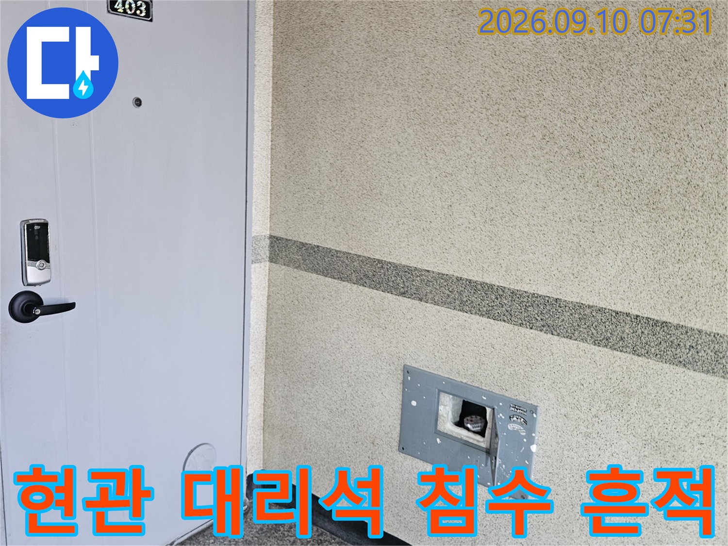 용인 죽전동 아파트 내부 - 젖어있는 현관 대리석과 문 주변 상황