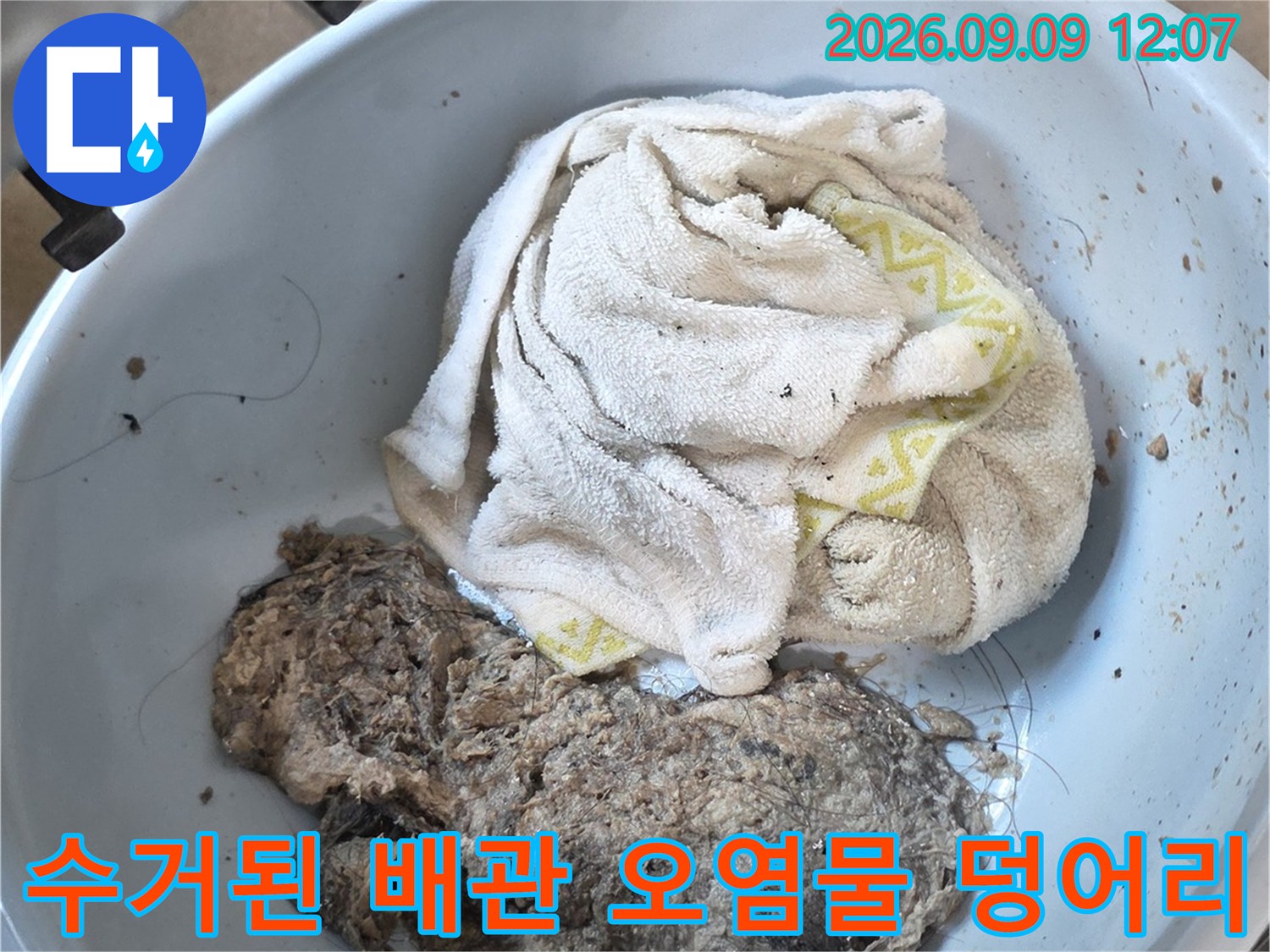 배관 세척 후 나온 머리카락과 슬러지 더미 사진