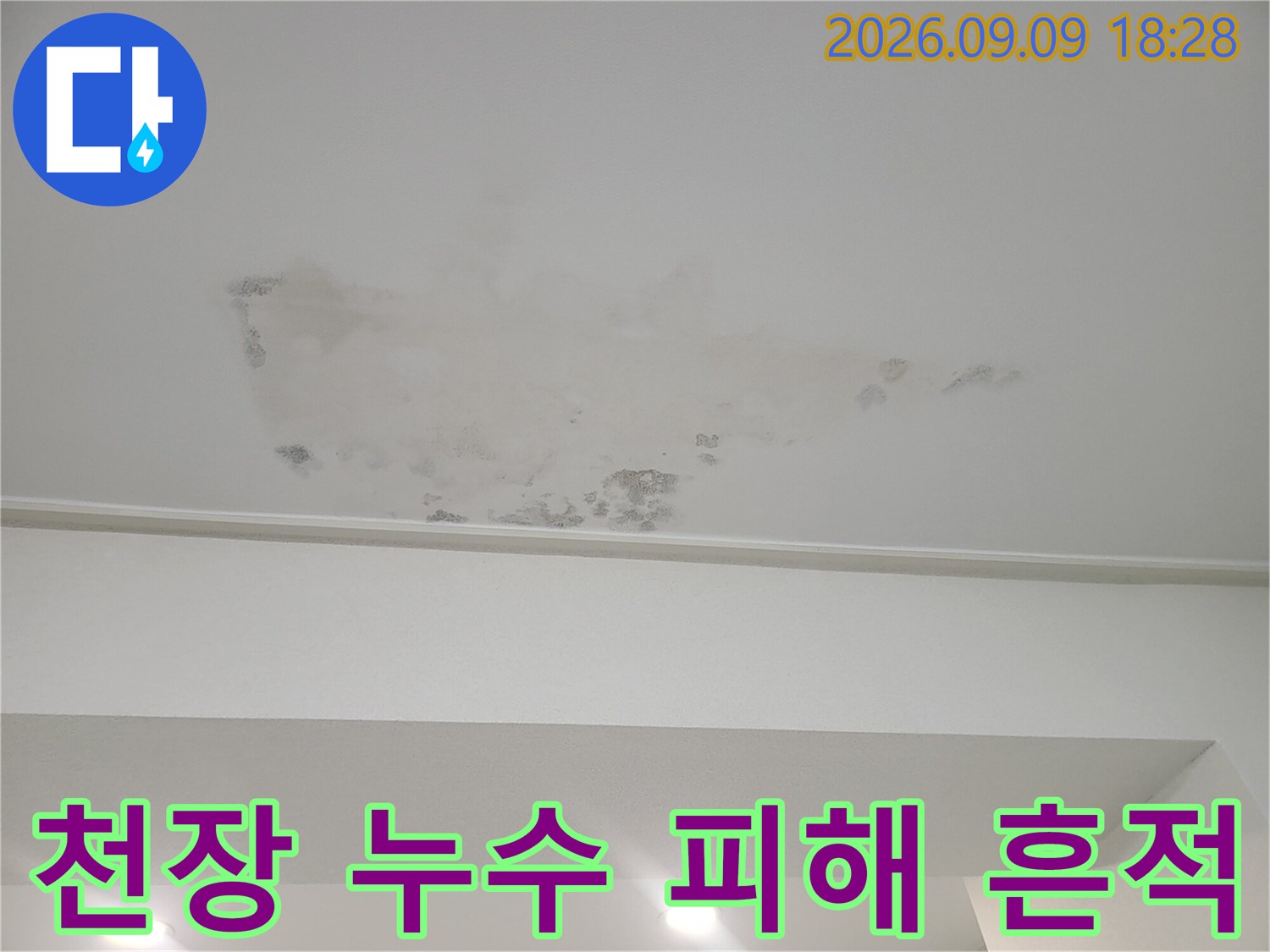 아파트 천장-넓게 번진 물 자국과 변색된 마감재 상태