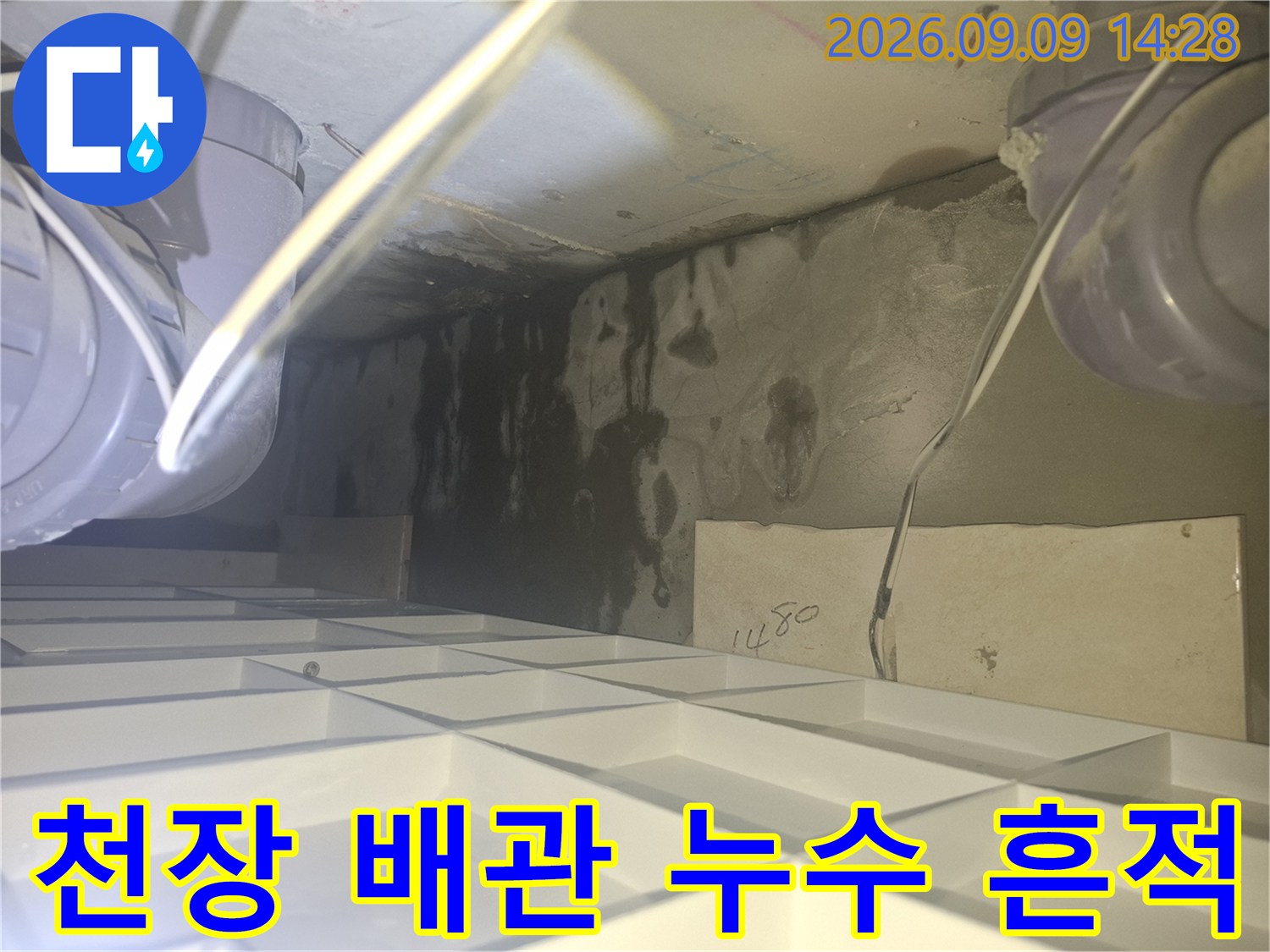 화장실 천장 내부의 배관을 따라 발생한 짙은 수분 얼룩과 오염 상태입니다.
