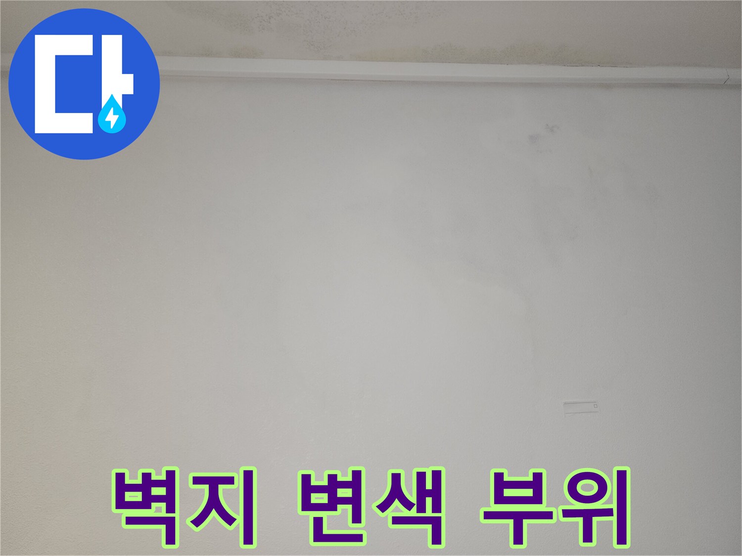 천장 몰딩 부근의 젖은 듯한 벽지 얼룩 상태