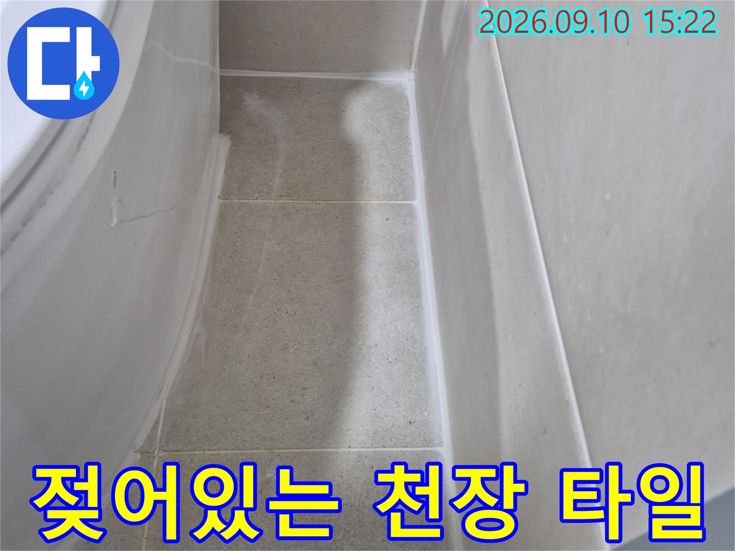 안중읍 현장 화장실 천장 타일의 젖은 부위 상세 촬영